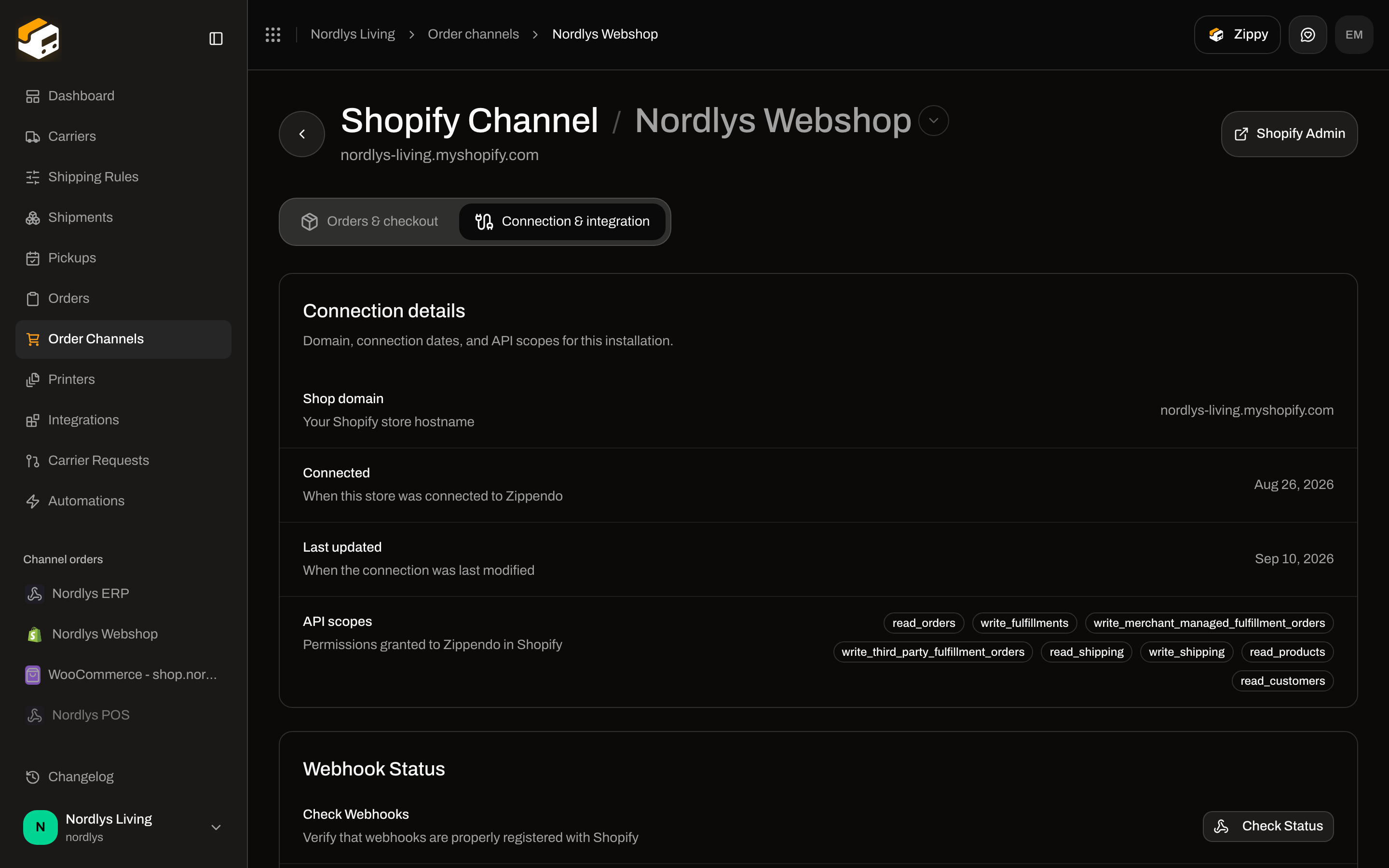 Shopify Connection and integration tab with connection details and diagnostics