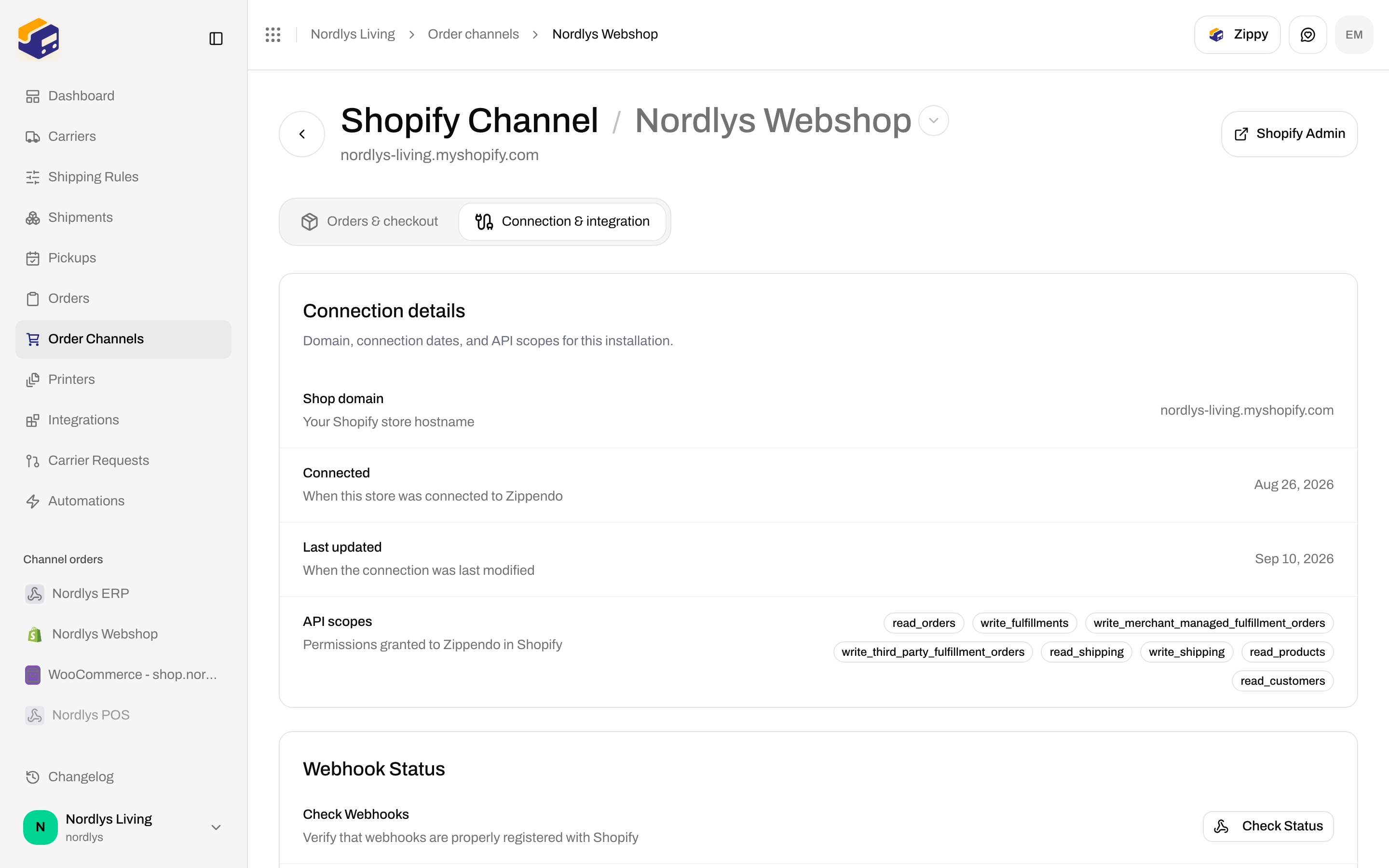 Shopify Connection and integration tab with connection details and diagnostics