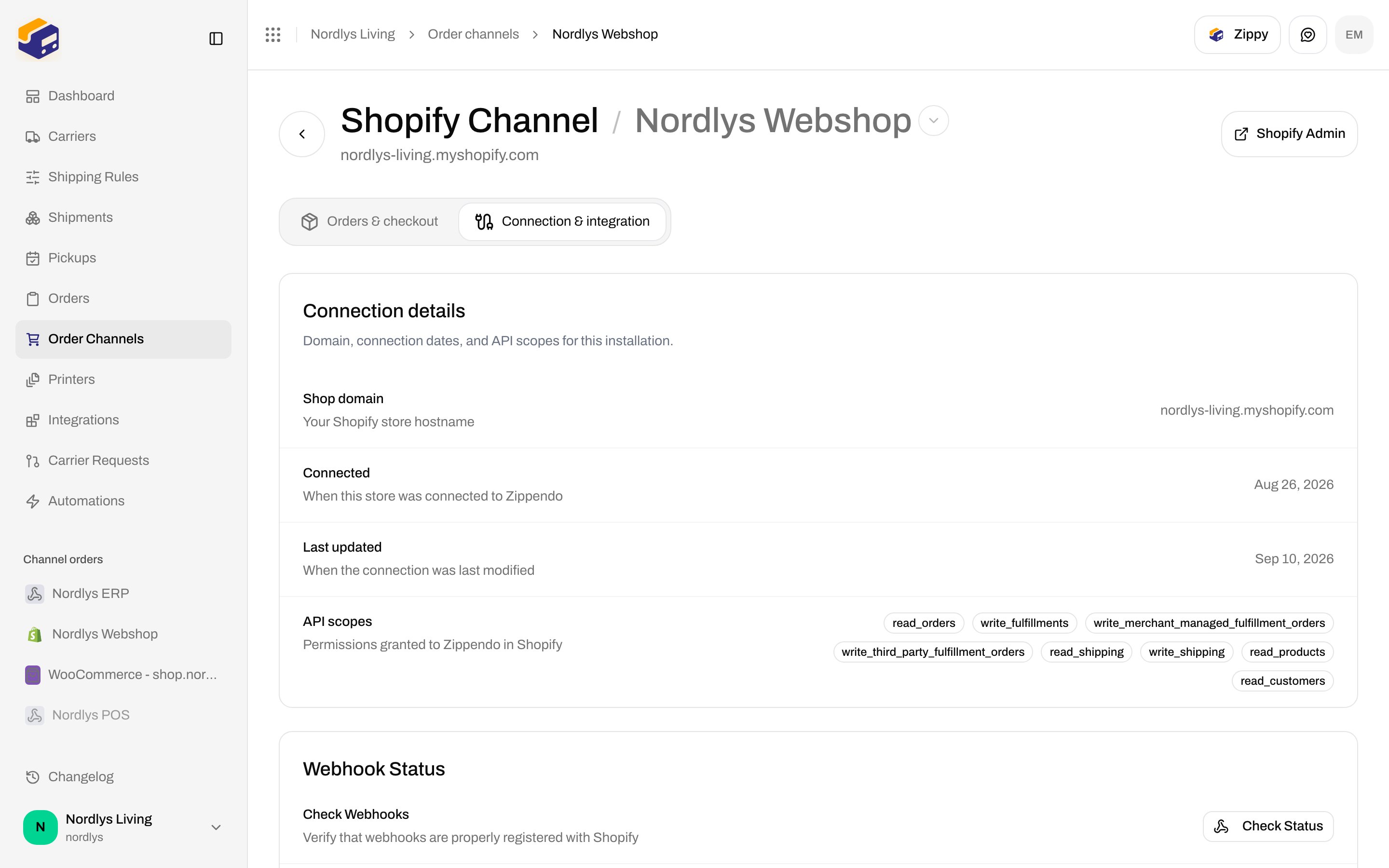Shopify Connection and integration tab with connection details and diagnostics