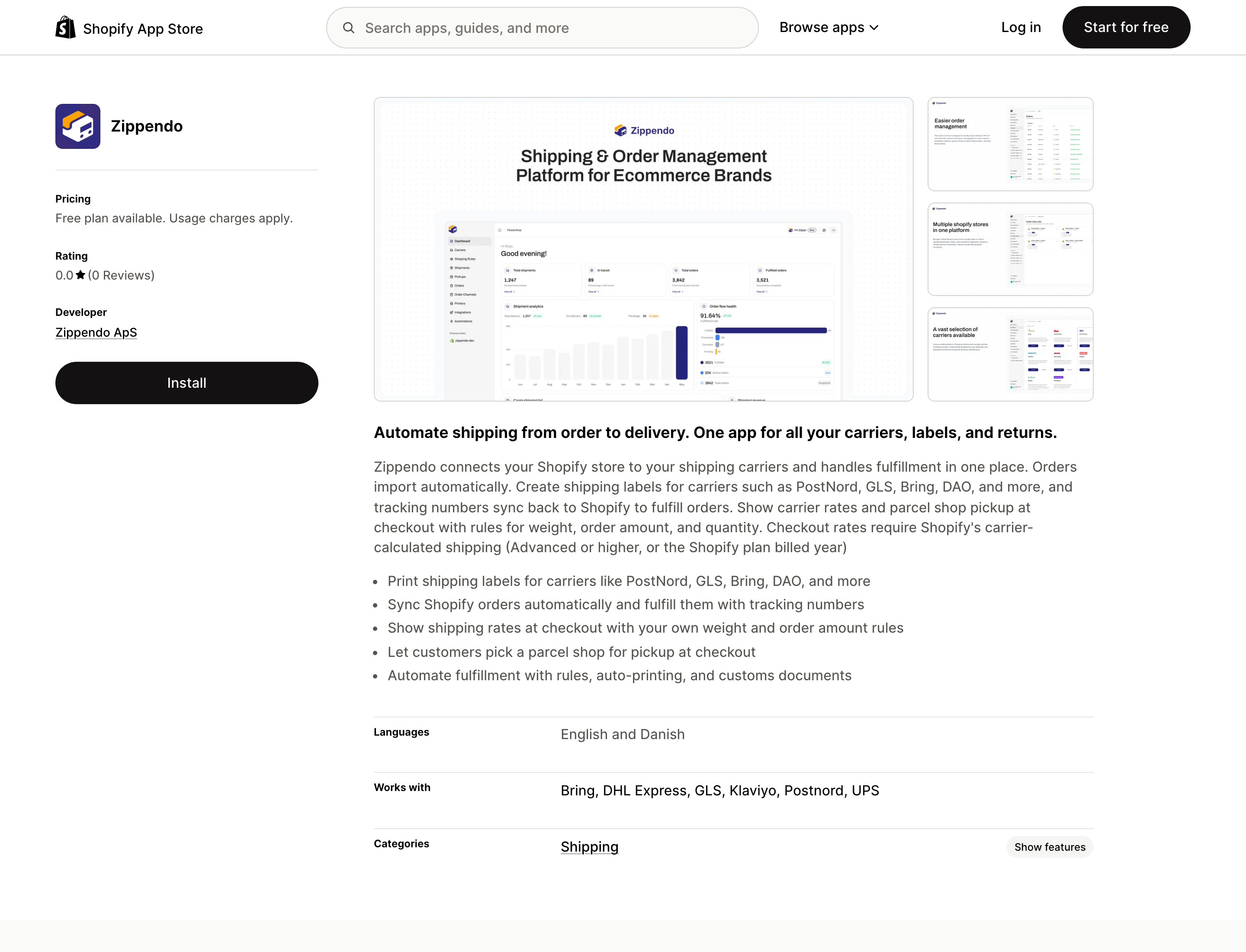 Shopify App Store listing for Zippendo with Install, pricing, and shipping features