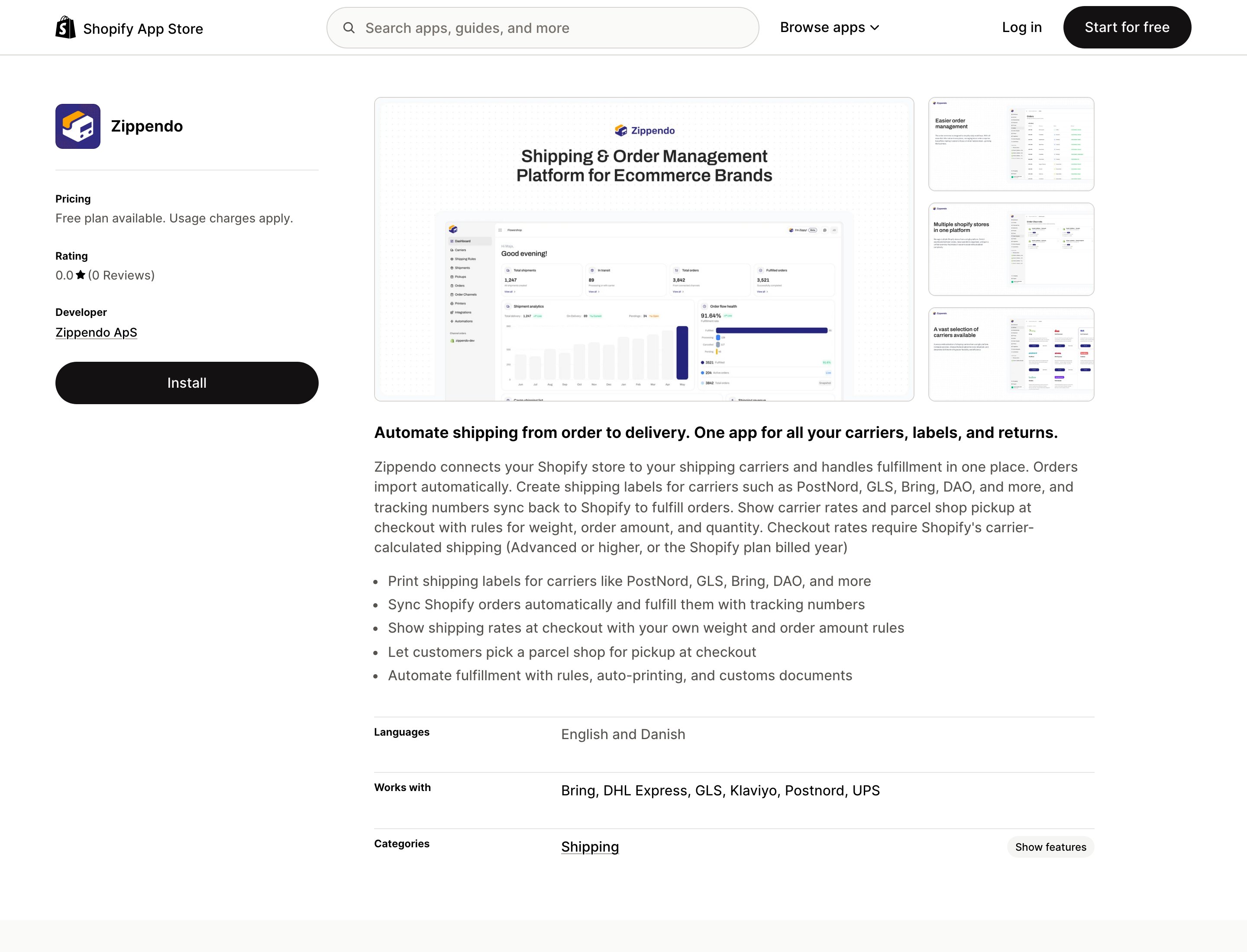 Shopify App Store listing for Zippendo with Install, pricing, and shipping features