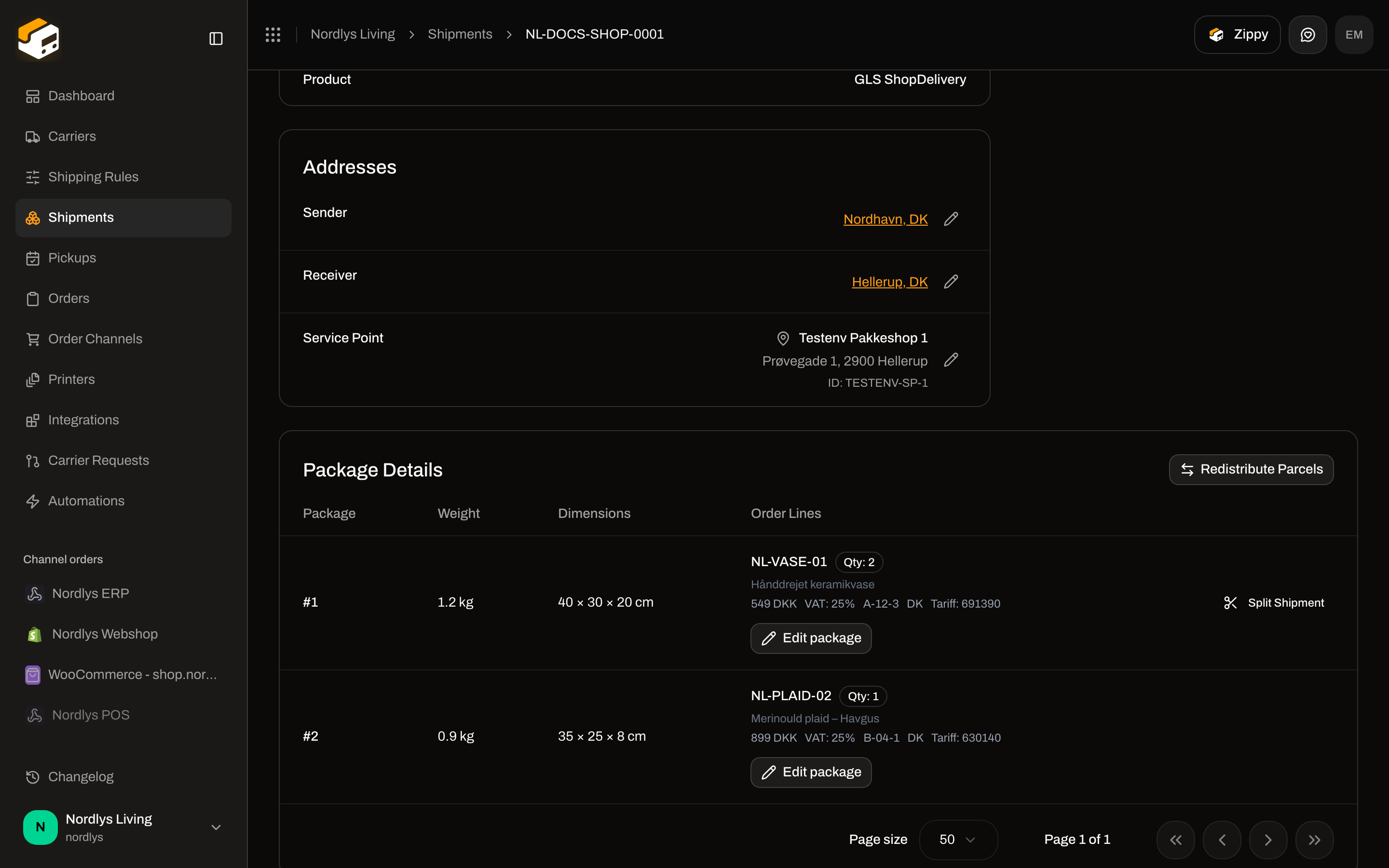 Package Details with two packages, Split Shipment, Redistribute Parcels, and Edit package