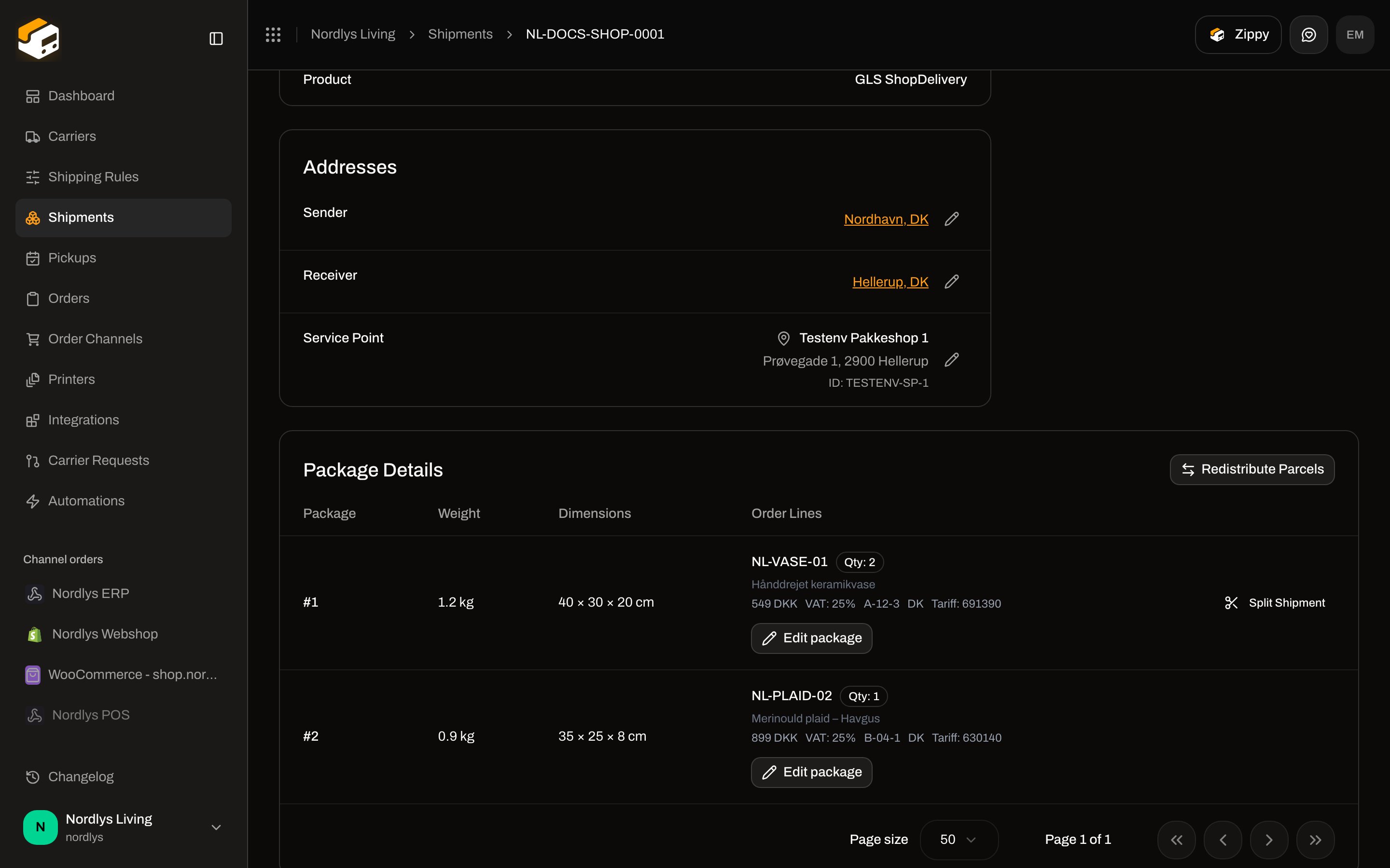 Package Details with two packages, Split Shipment, Redistribute Parcels, and Edit package