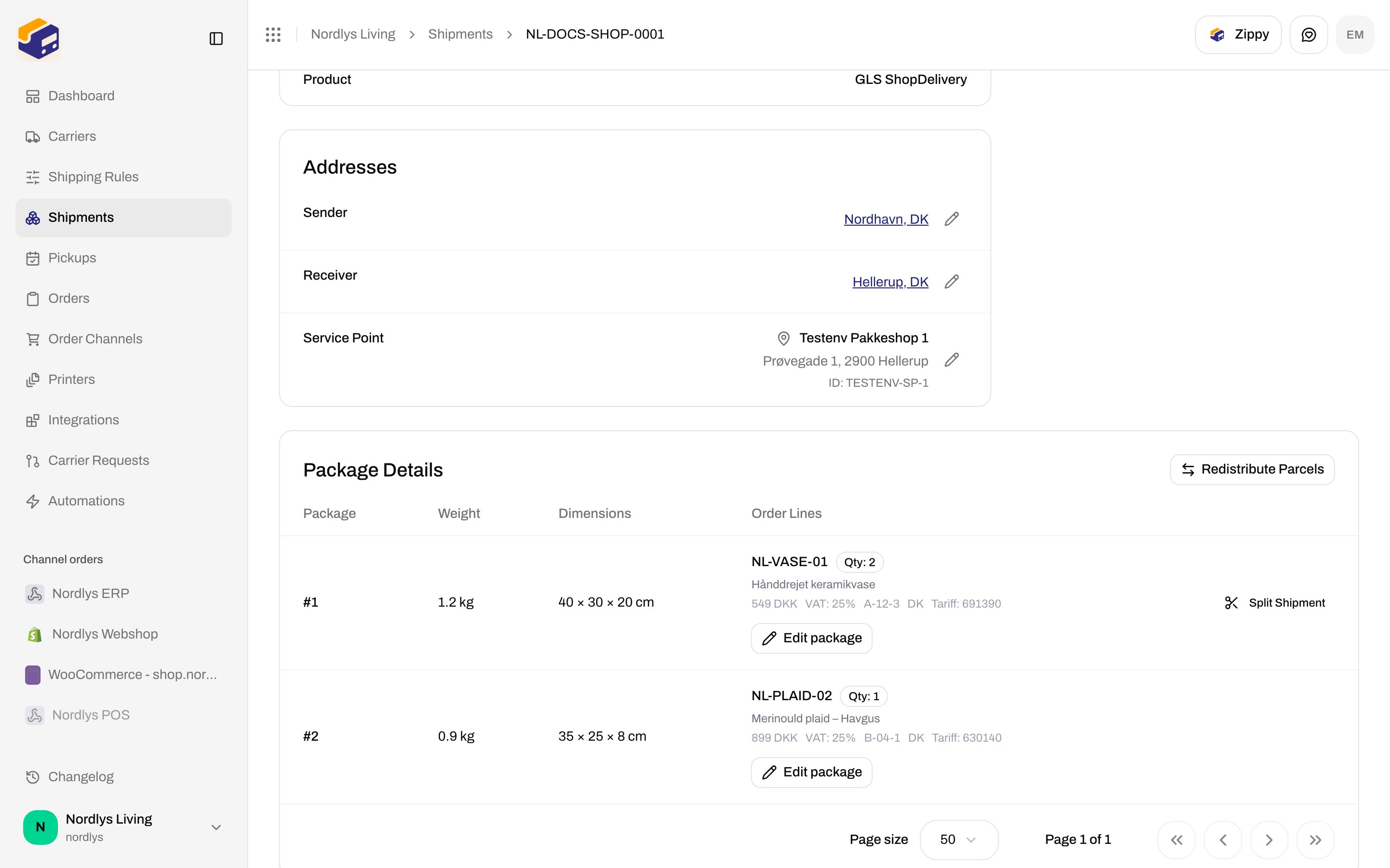 Package Details with two packages, Split Shipment, Redistribute Parcels, and Edit package