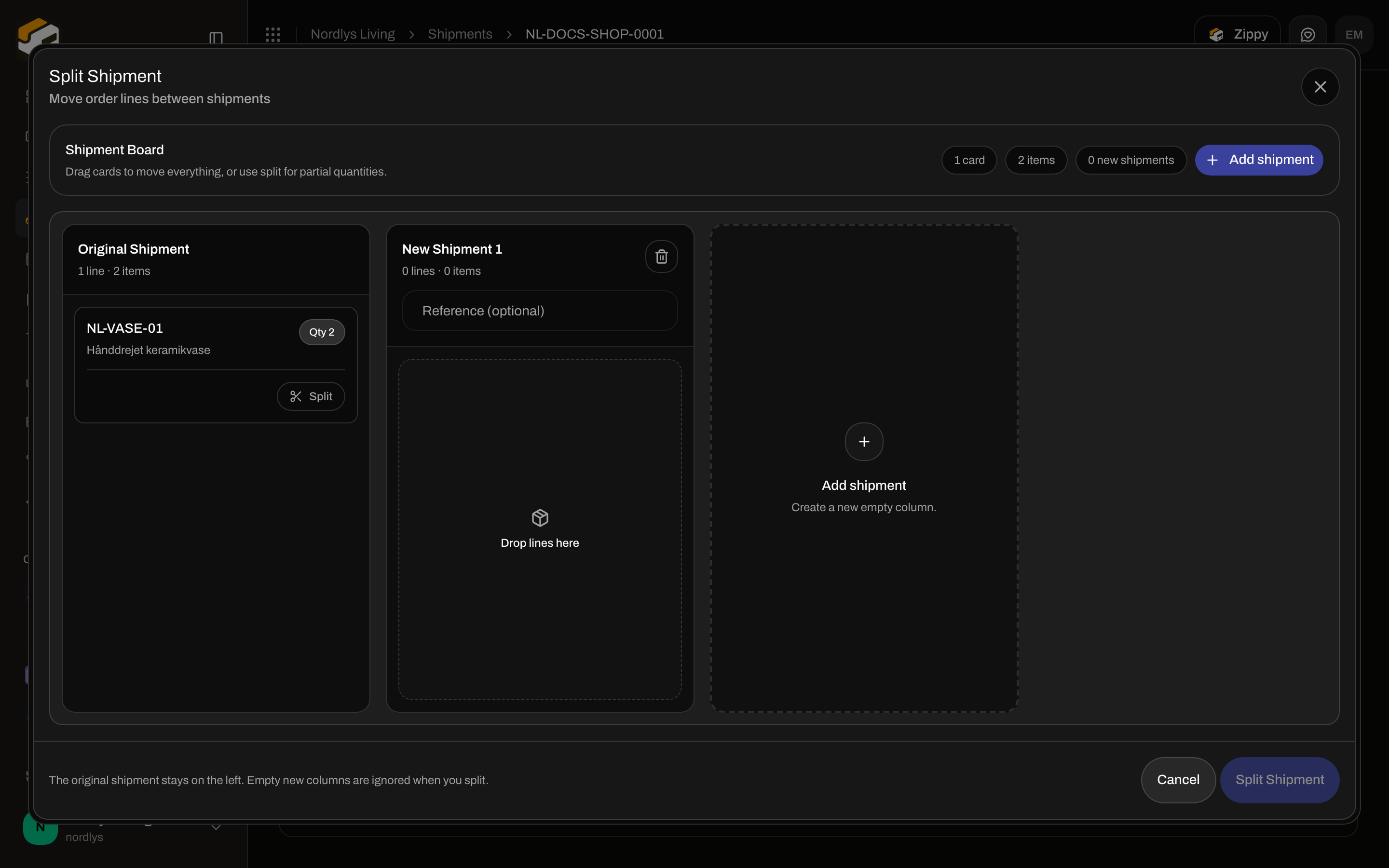 Split Shipment modal with original and new shipment columns