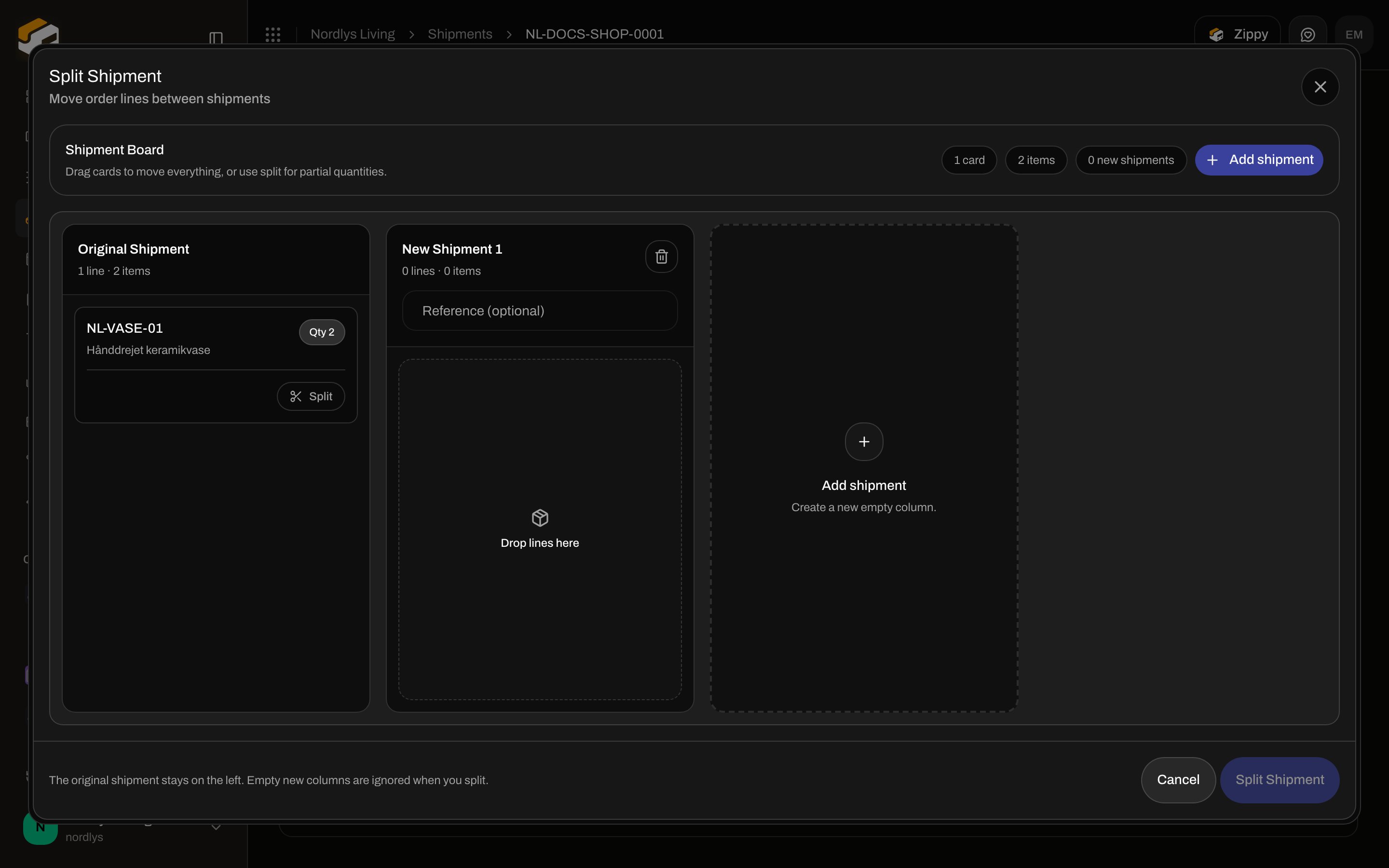 Split Shipment modal with original and new shipment columns
