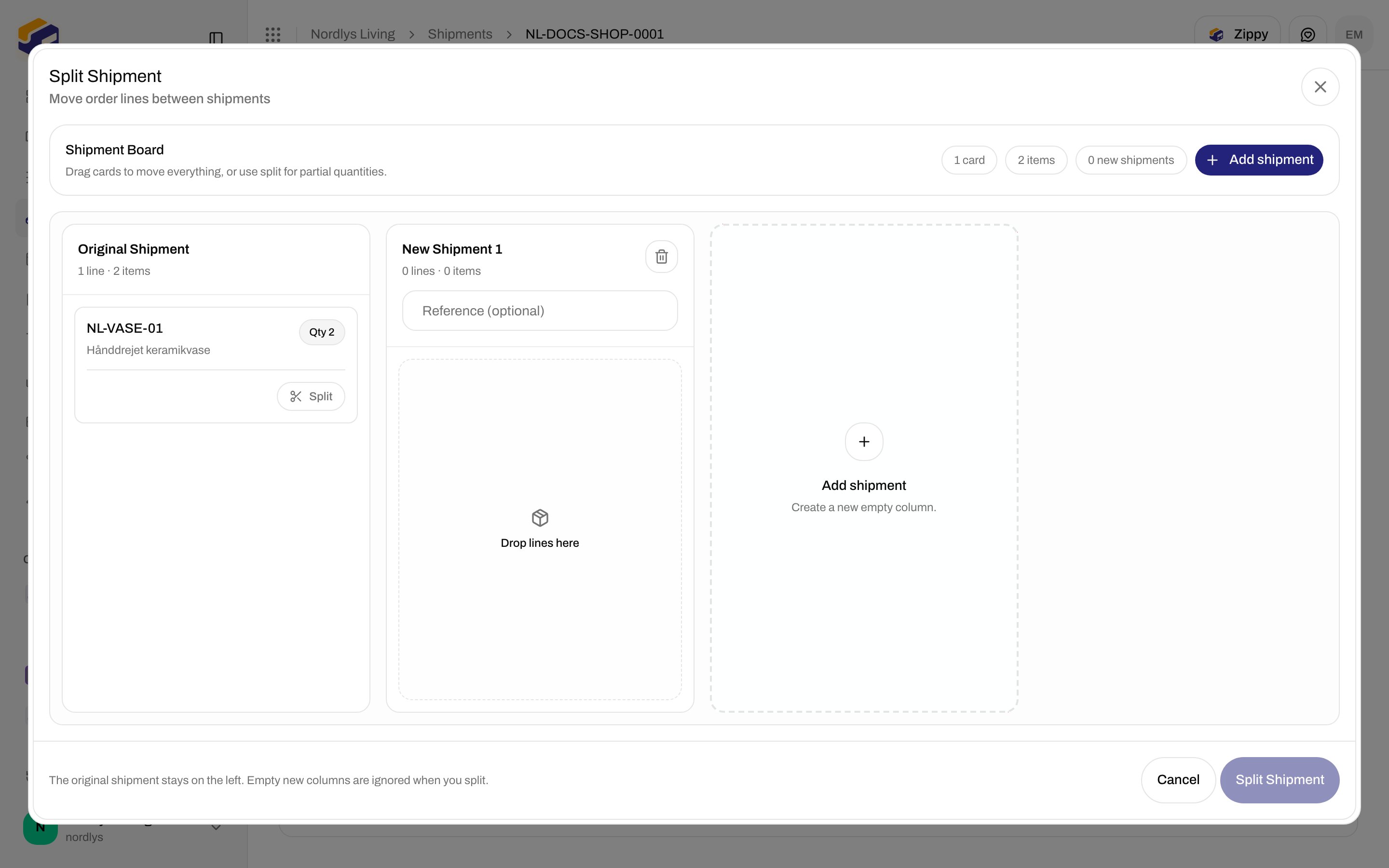 Split Shipment modal with original and new shipment columns