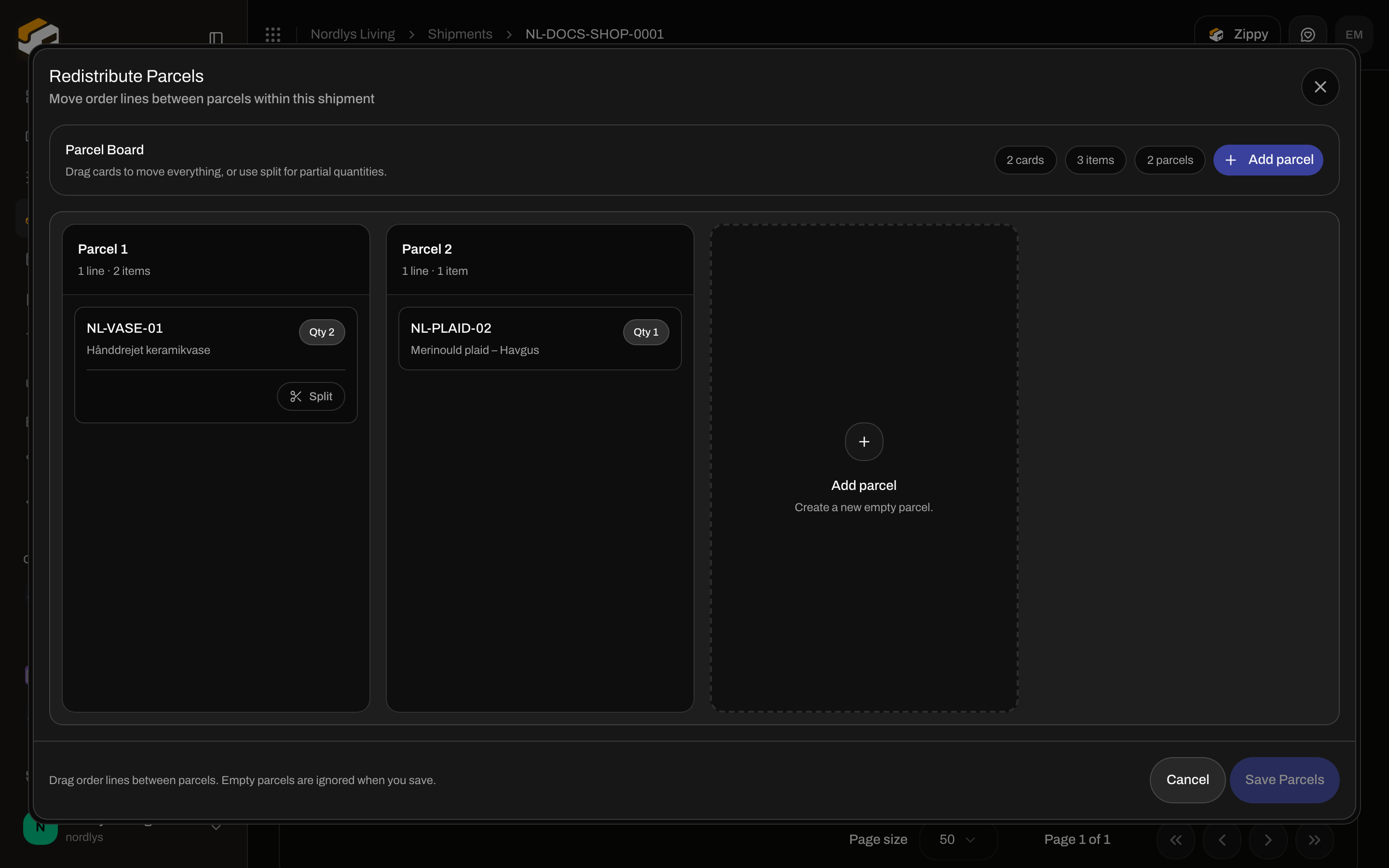 Redistribute Parcels modal with parcel columns and order line cards