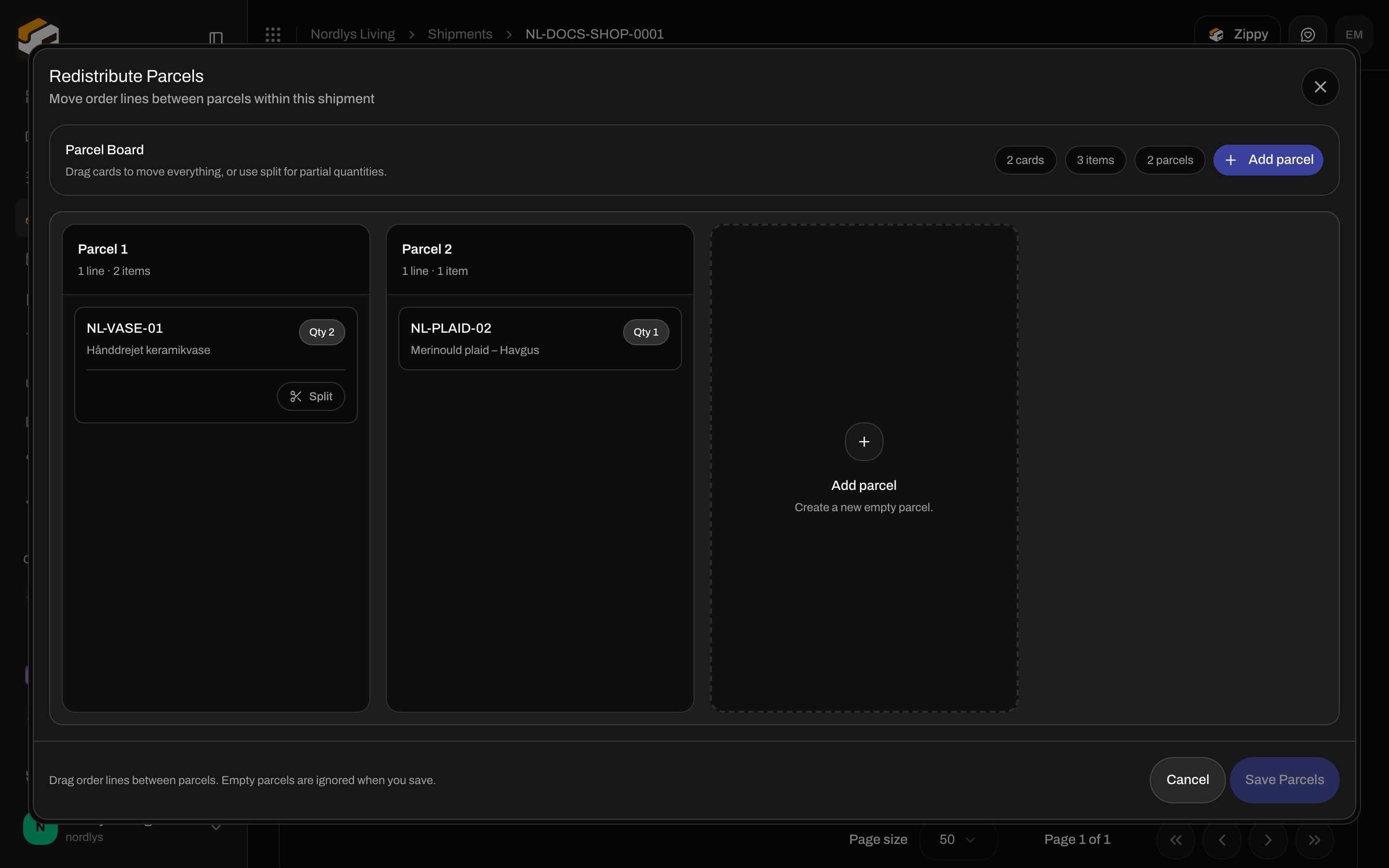 Redistribute Parcels modal with parcel columns and order line cards