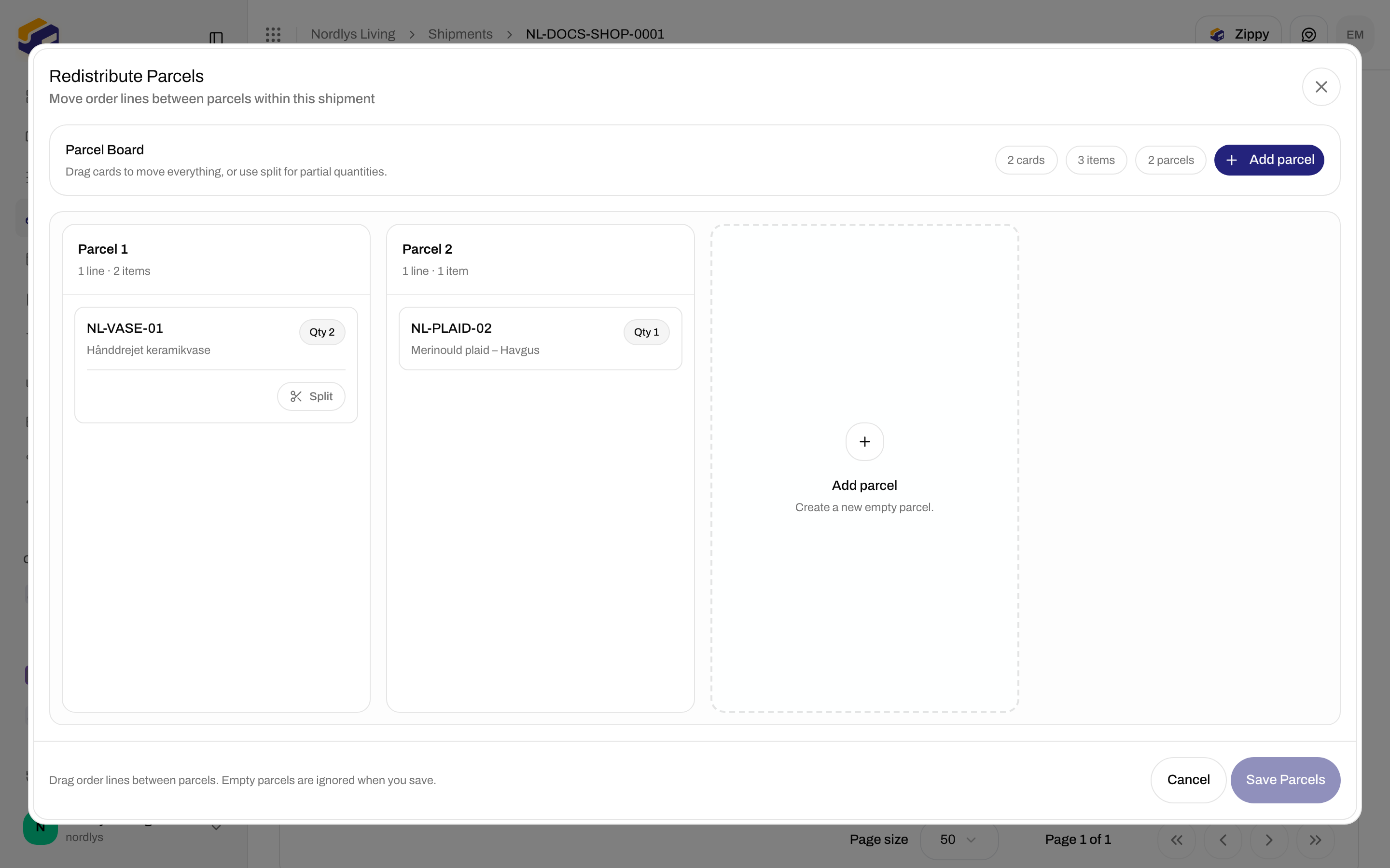 Redistribute Parcels modal with parcel columns and order line cards