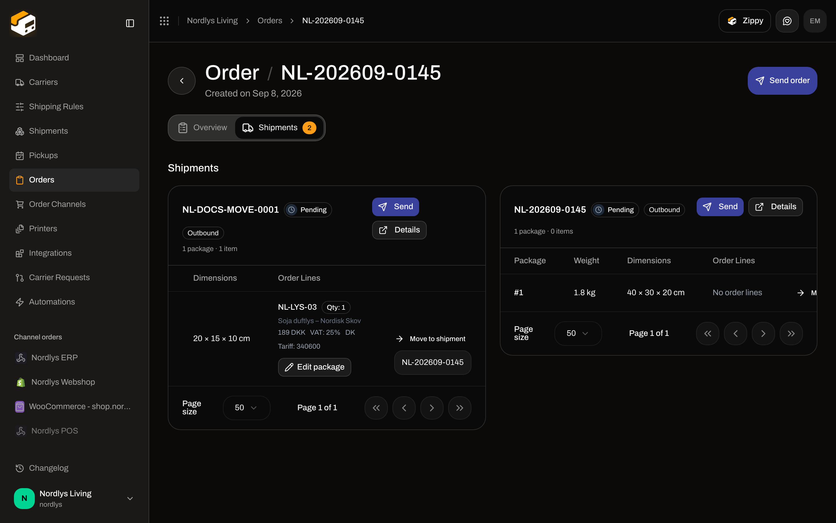 Order shipment card with Move to shipment menu listing a sibling shipment reference