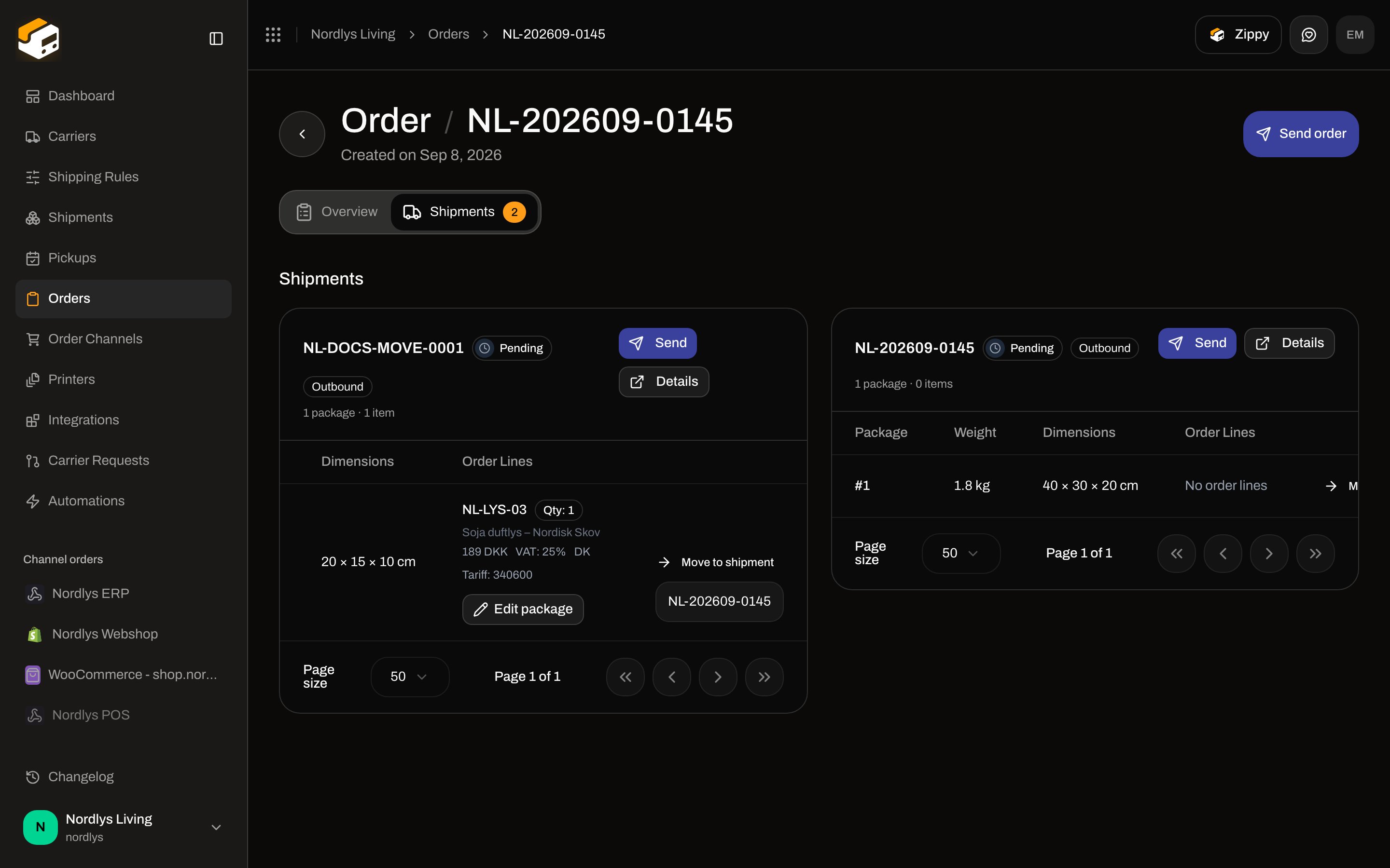 Order shipment card with Move to shipment menu listing a sibling shipment reference