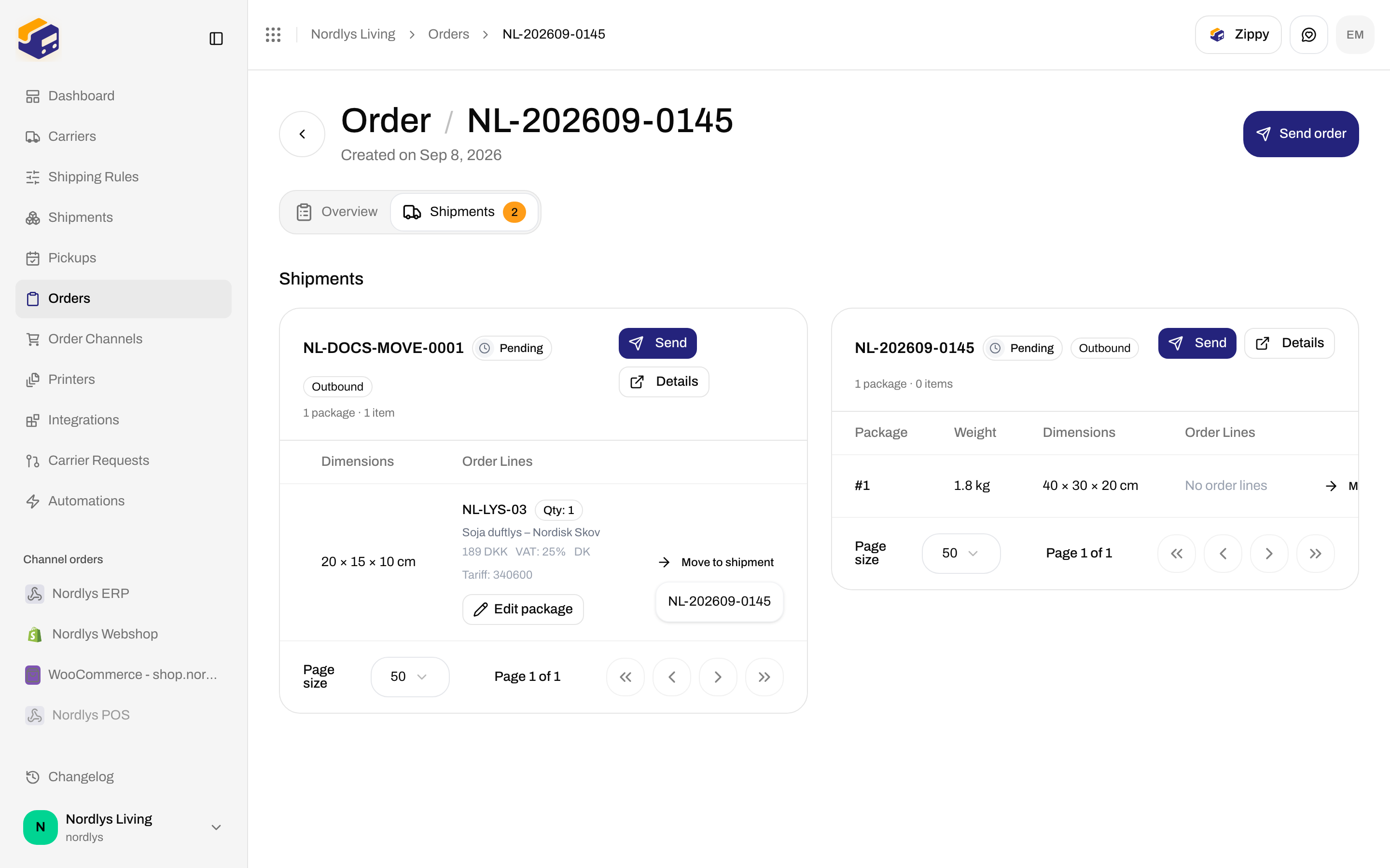 Order shipment card with Move to shipment menu listing a sibling shipment reference
