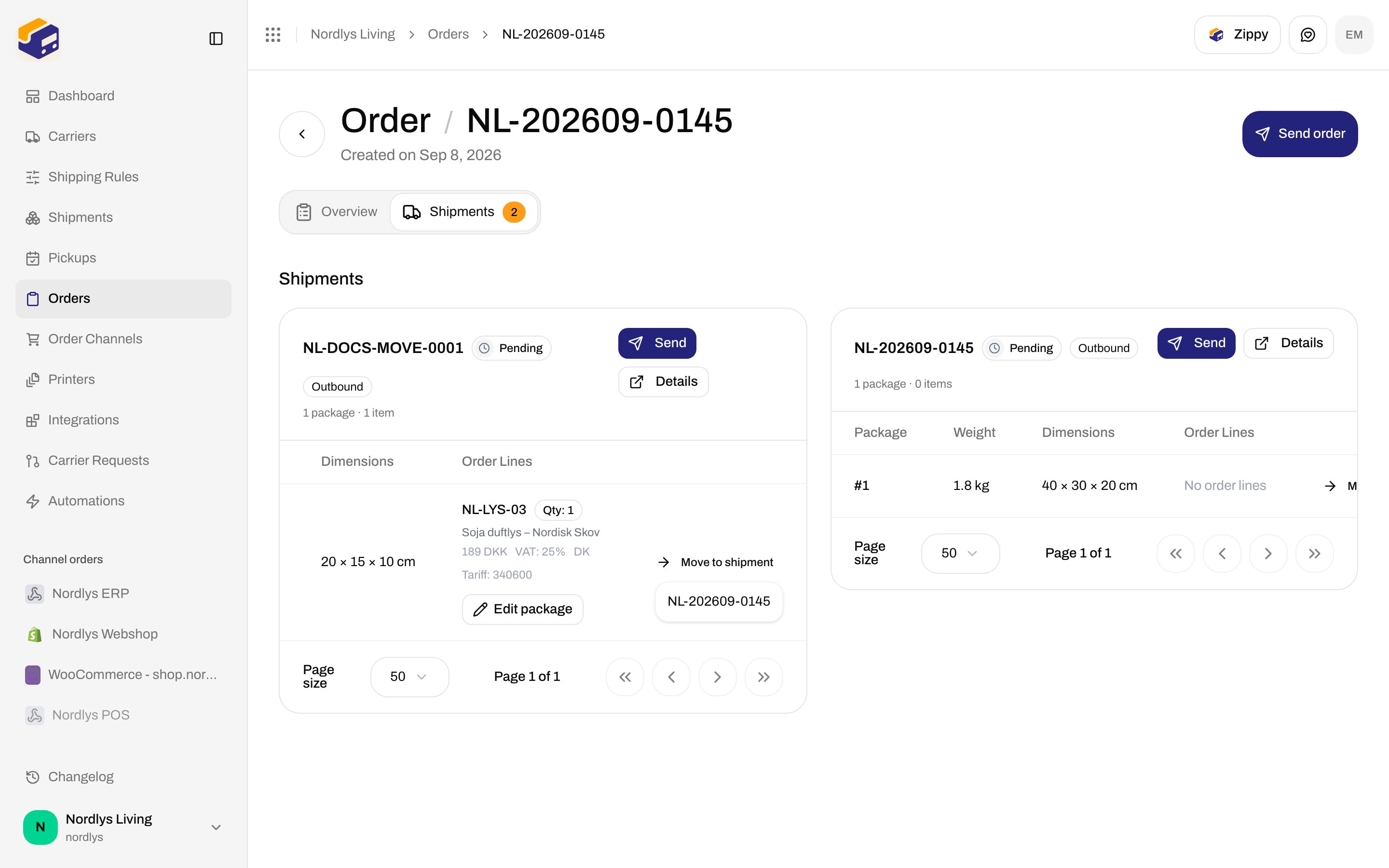 Order shipment card with Move to shipment menu listing a sibling shipment reference