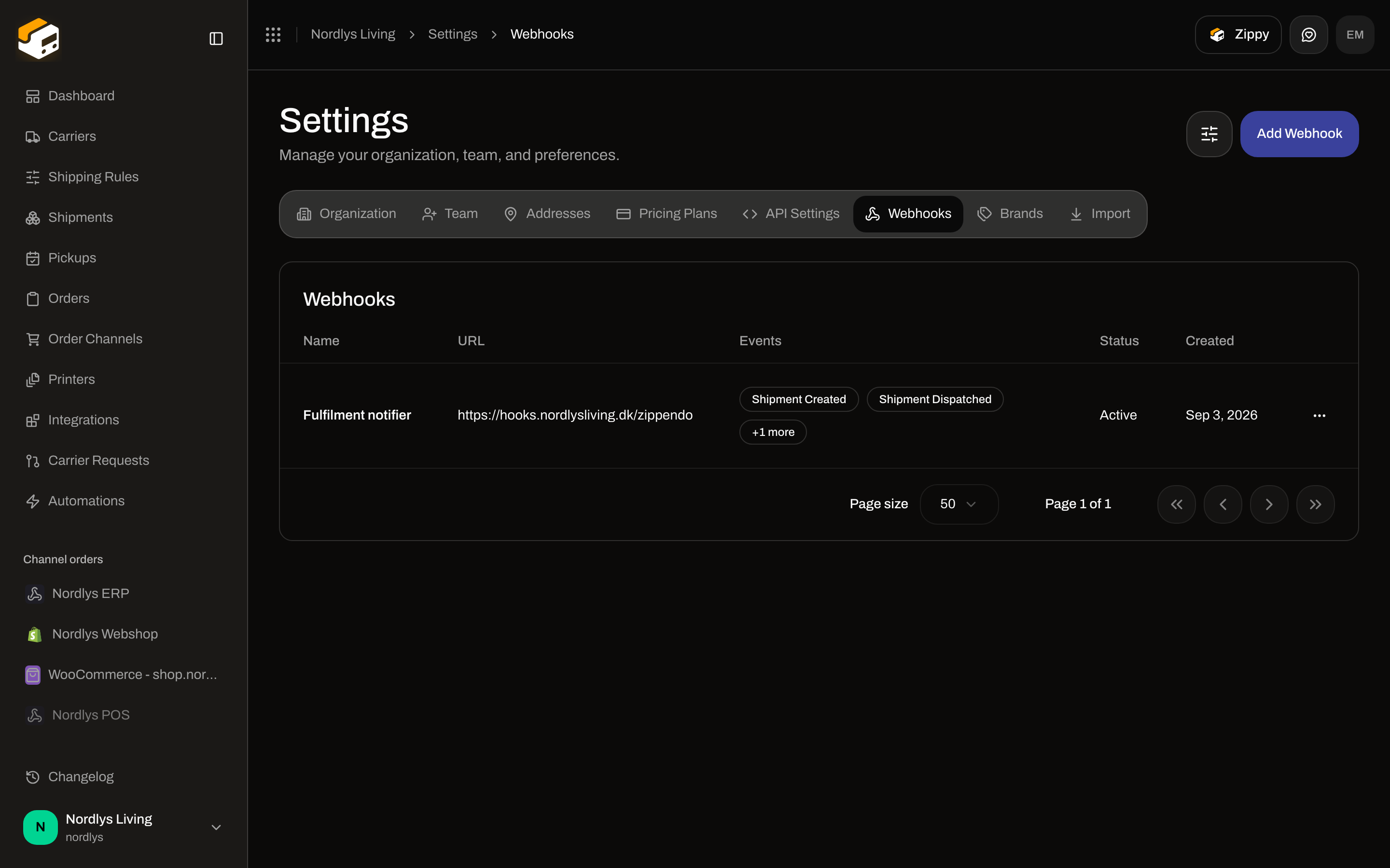 Settings Webhooks list with Fulfilment notifier subscribed to shipment and tracking events