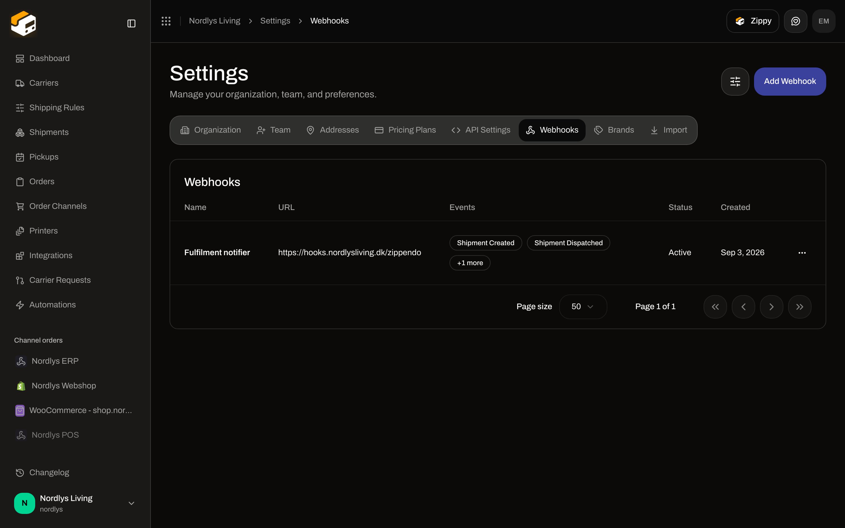 Settings Webhooks list with Fulfilment notifier subscribed to shipment and tracking events