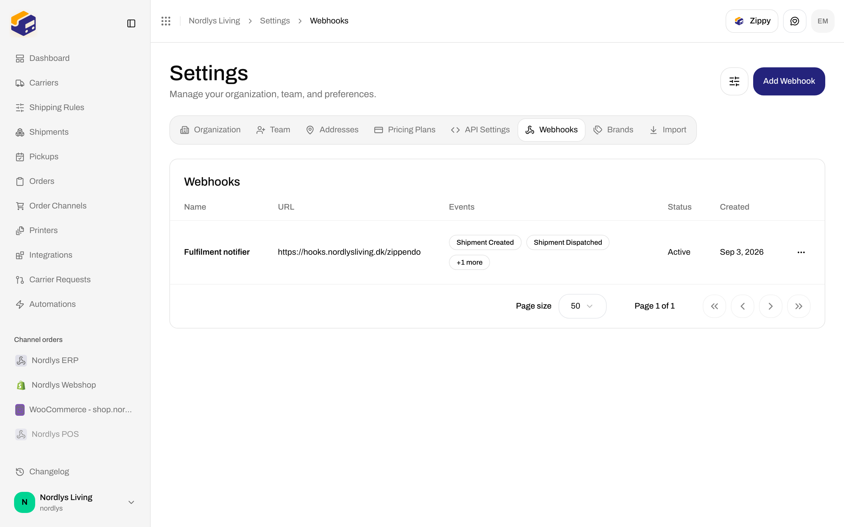 Settings Webhooks list with Fulfilment notifier subscribed to shipment and tracking events