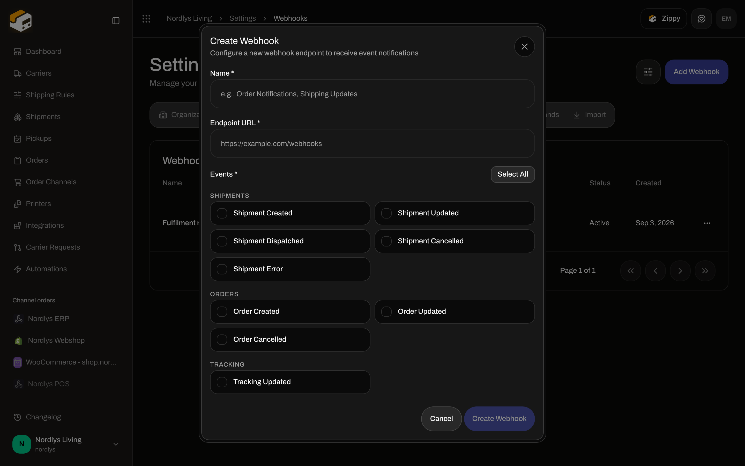 Create Webhook modal scrolled to the Tracking group and Tracking Updated event