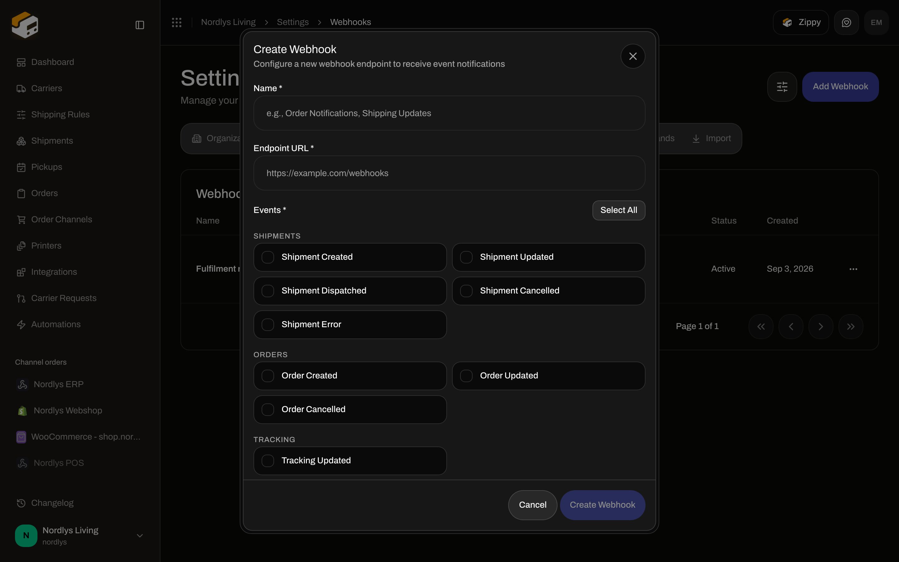 Create Webhook modal scrolled to the Tracking group and Tracking Updated event