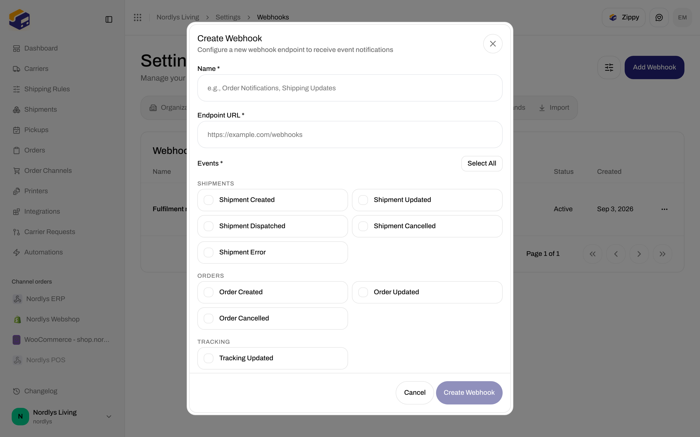 Create Webhook modal scrolled to the Tracking group and Tracking Updated event