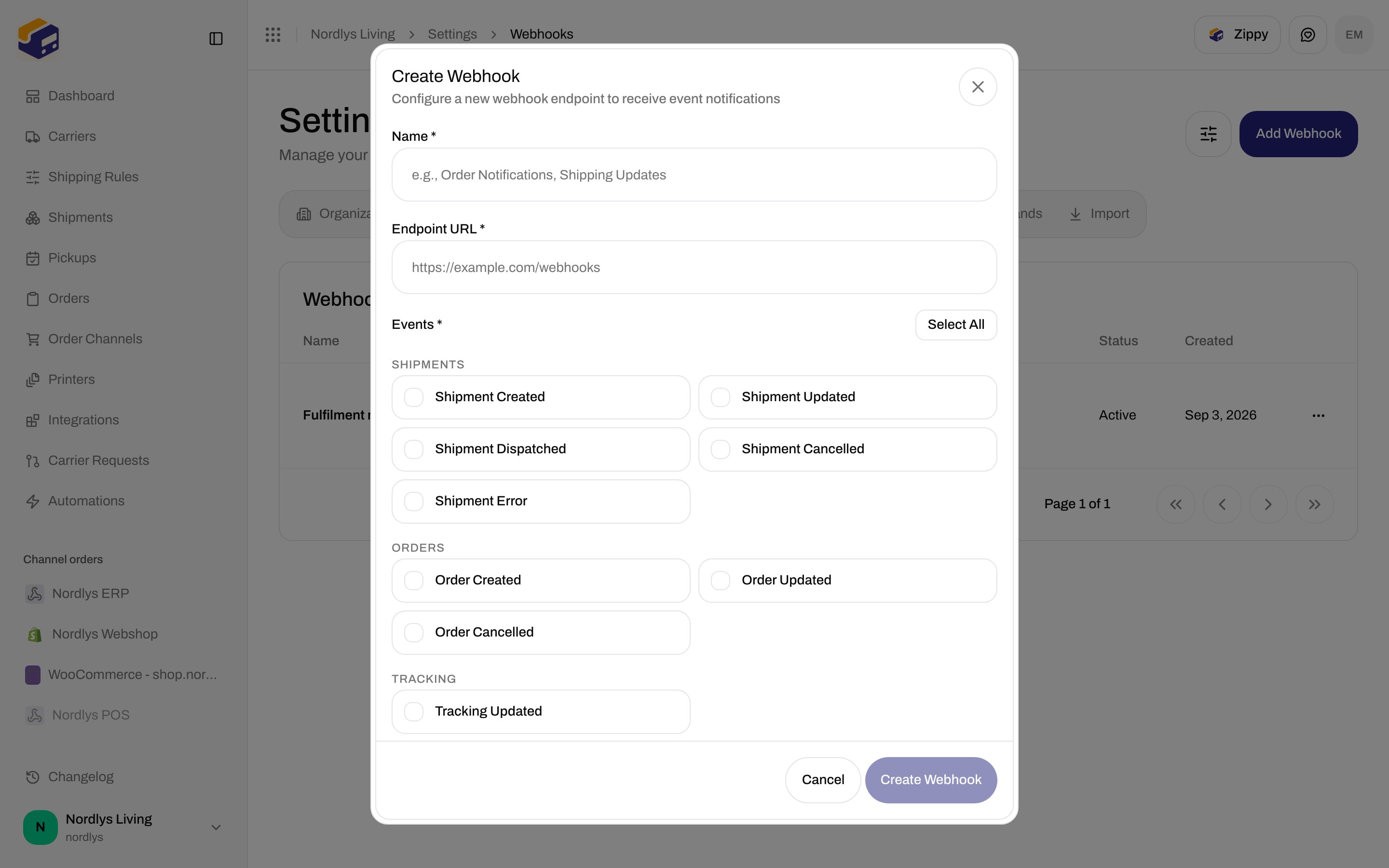 Create Webhook modal scrolled to the Tracking group and Tracking Updated event