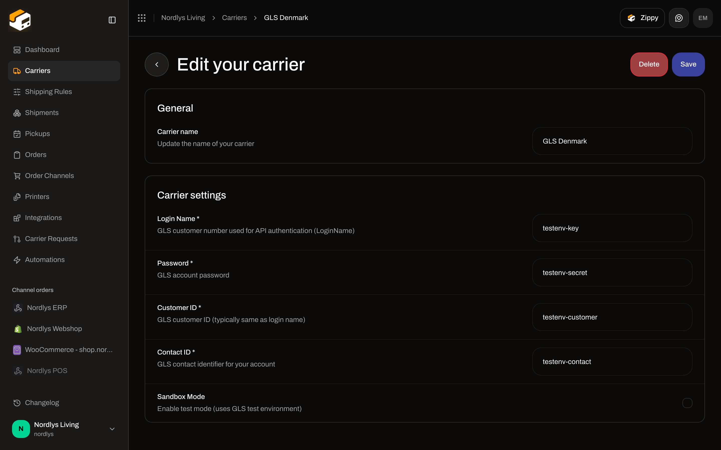Edit your carrier for GLS Denmark showing Login Name, Password, and Sandbox Mode without a webhook URL field