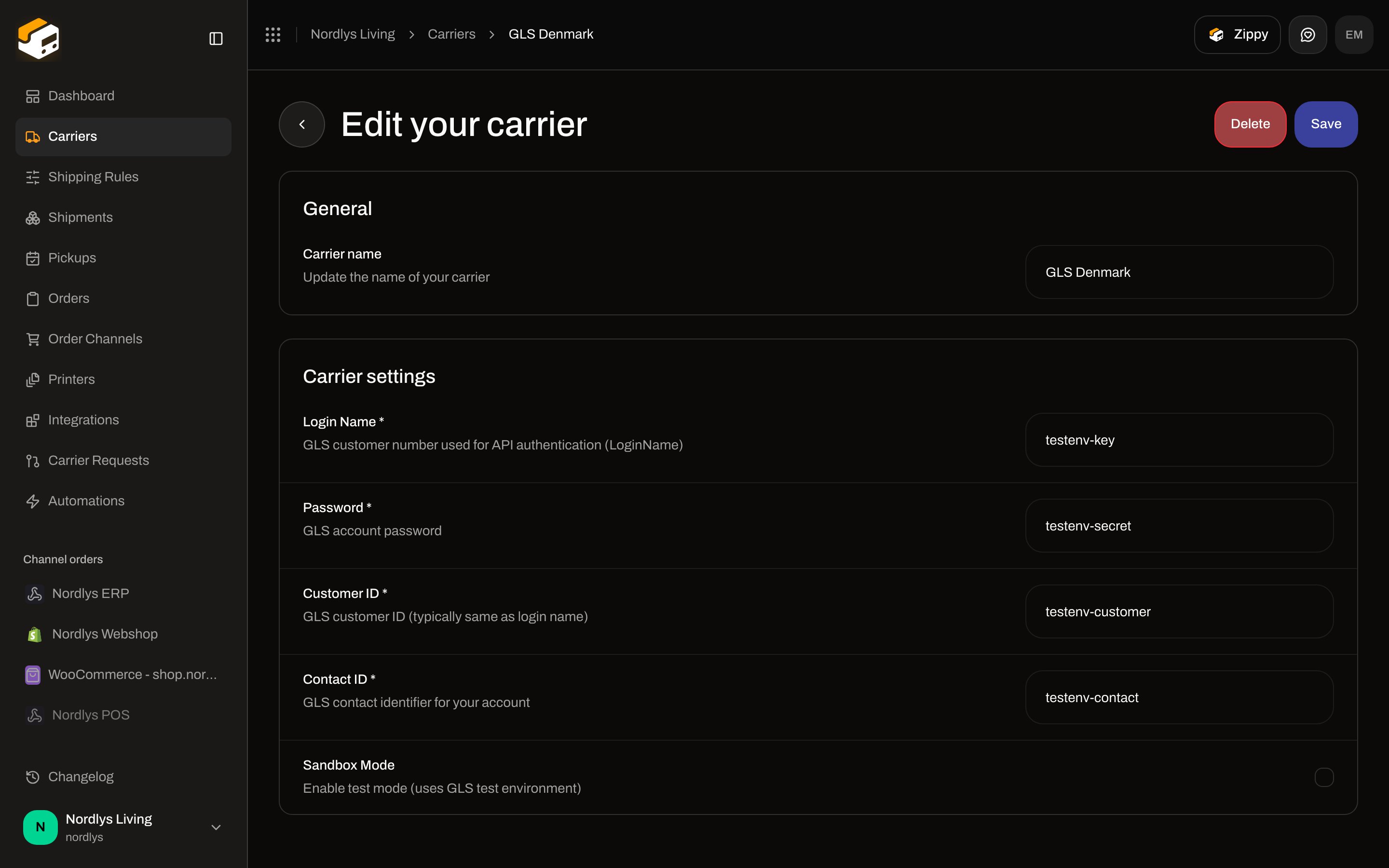 Edit your carrier for GLS Denmark showing Login Name, Password, and Sandbox Mode without a webhook URL field