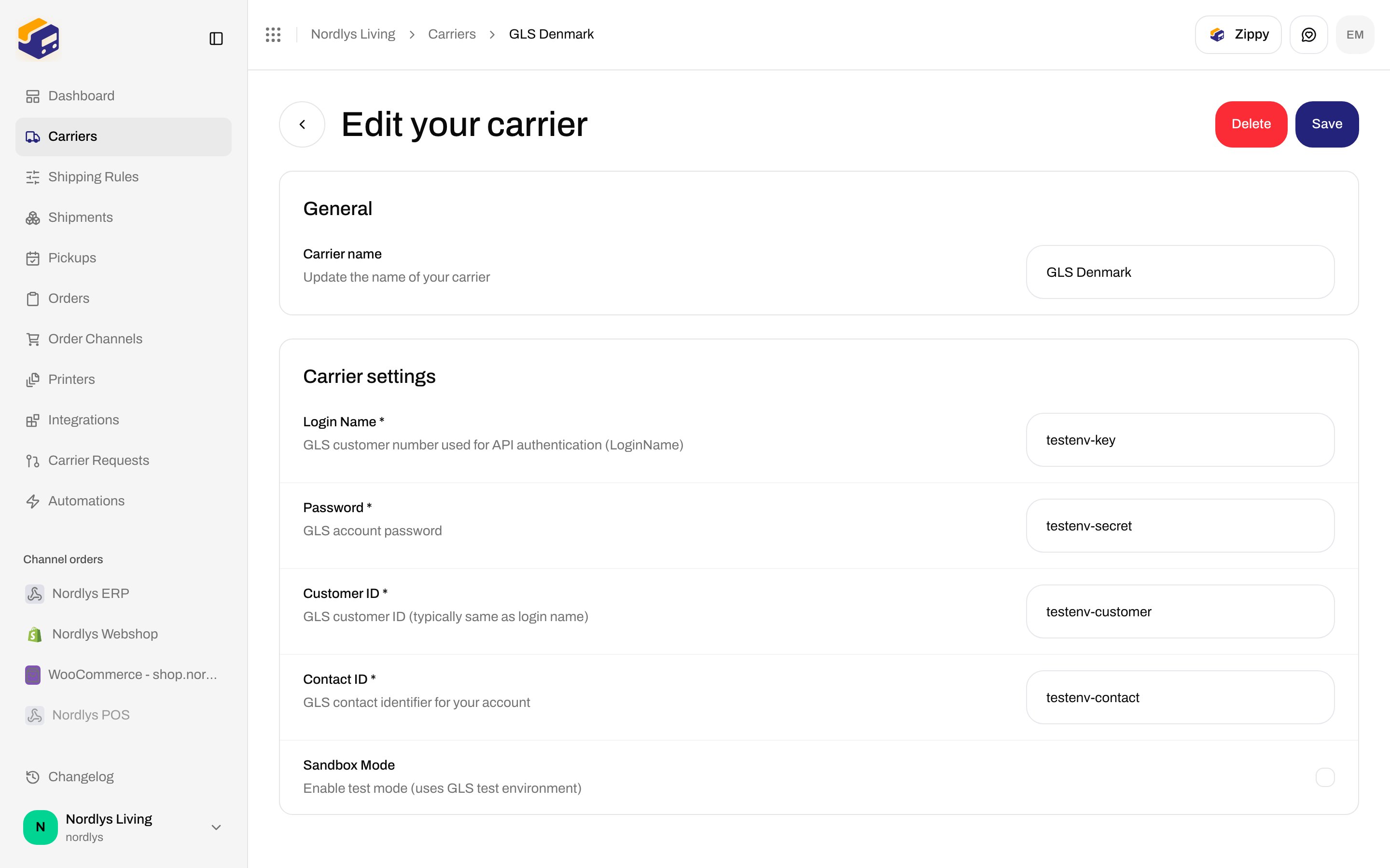 Edit your carrier for GLS Denmark showing Login Name, Password, and Sandbox Mode without a webhook URL field