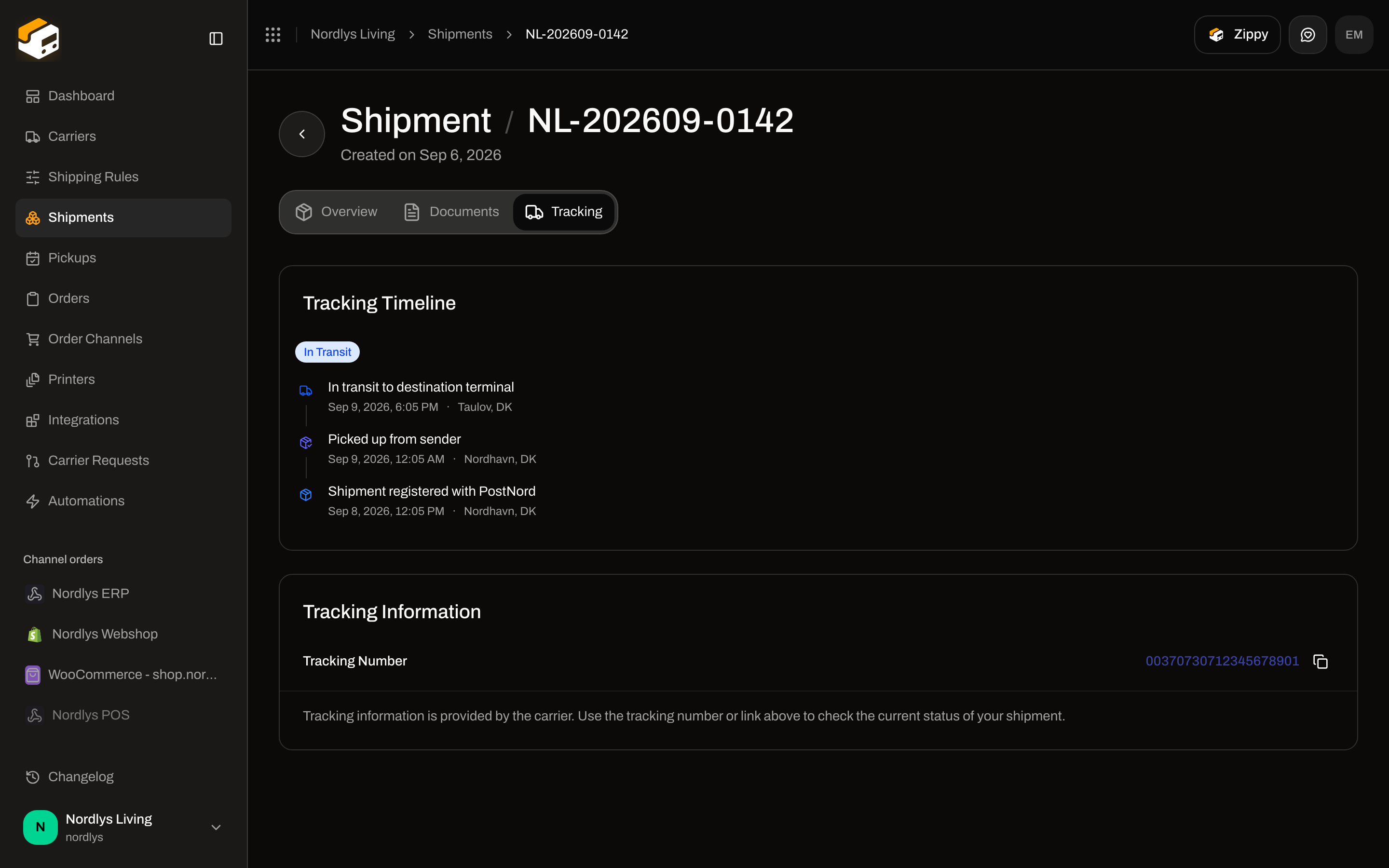 Shipment Tracking tab with In Transit badge, event timeline, and tracking number