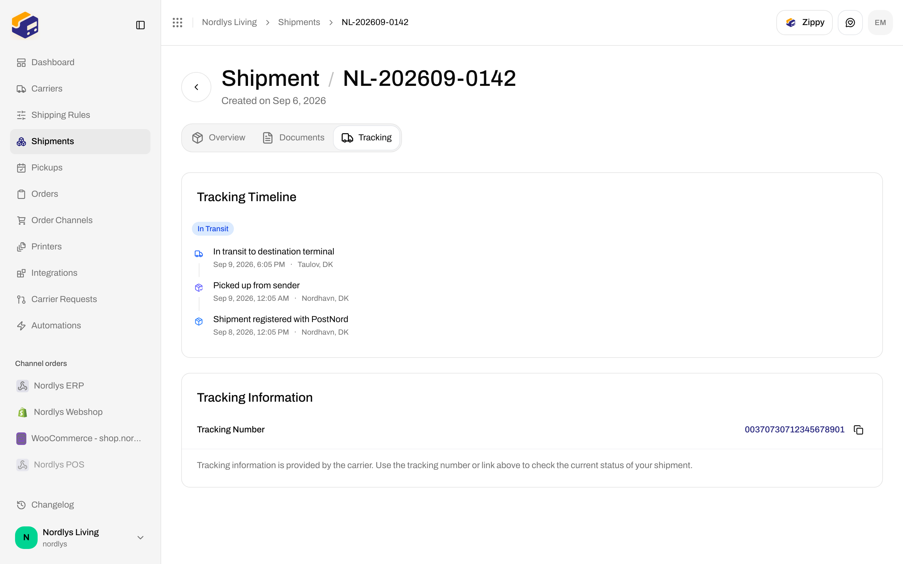 Shipment Tracking tab with In Transit badge, event timeline, and tracking number