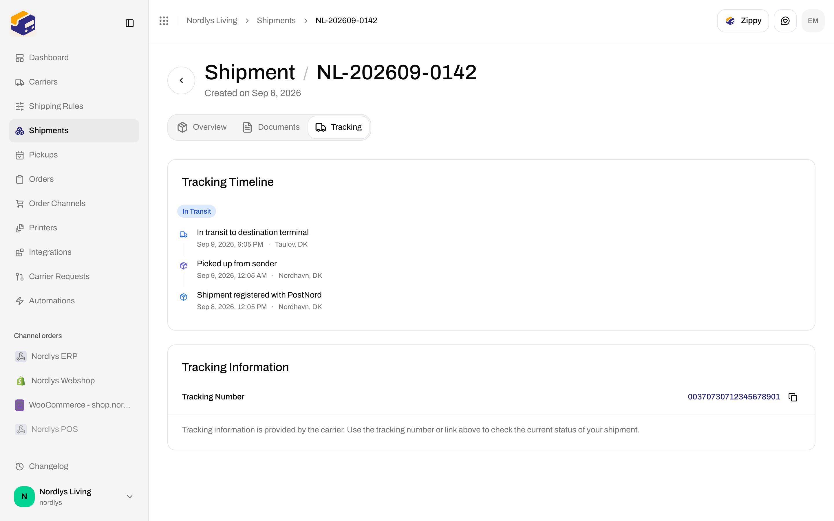 Shipment Tracking tab with In Transit badge, event timeline, and tracking number