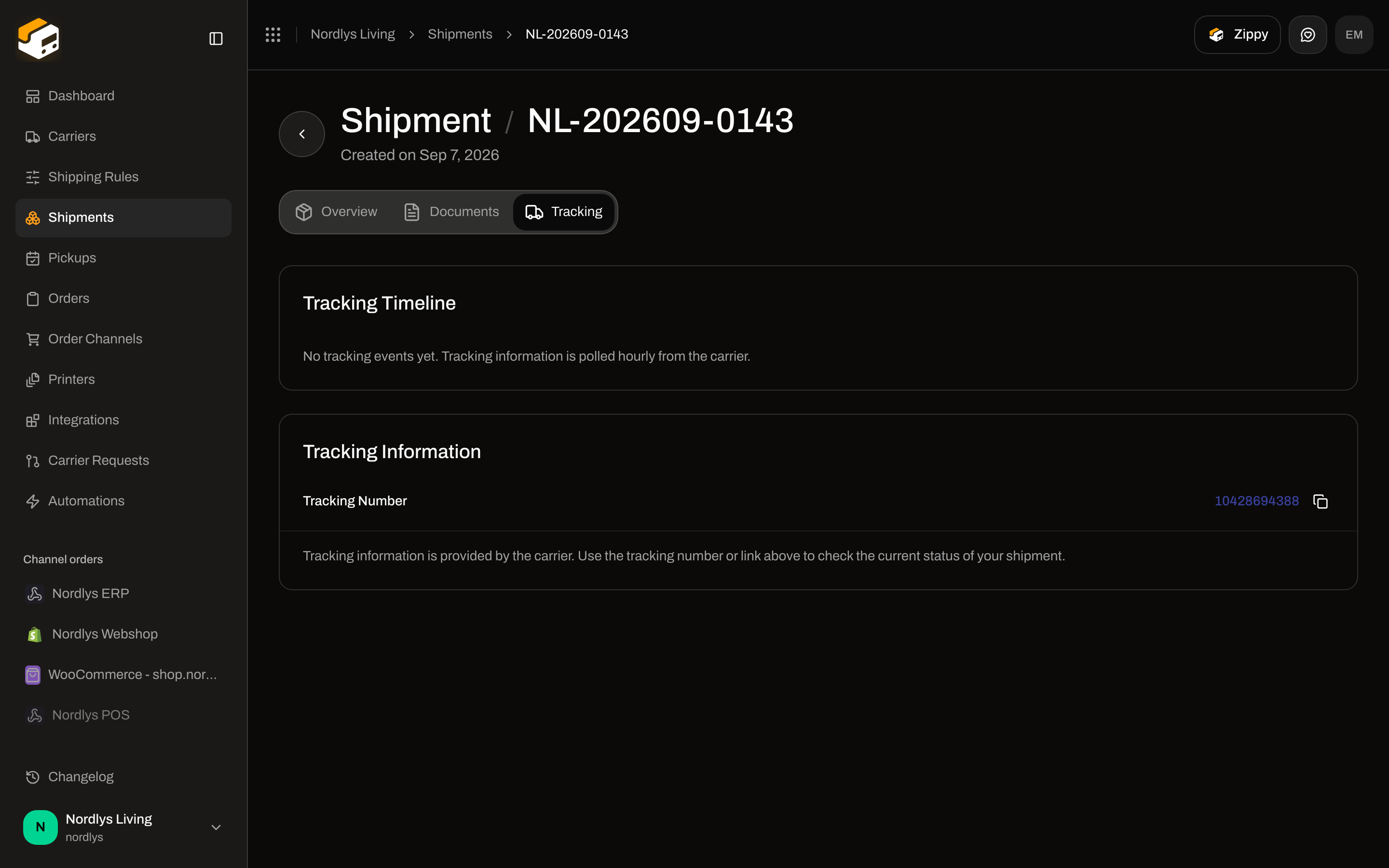 Tracking Timeline showing no tracking events yet, polled hourly from the carrier