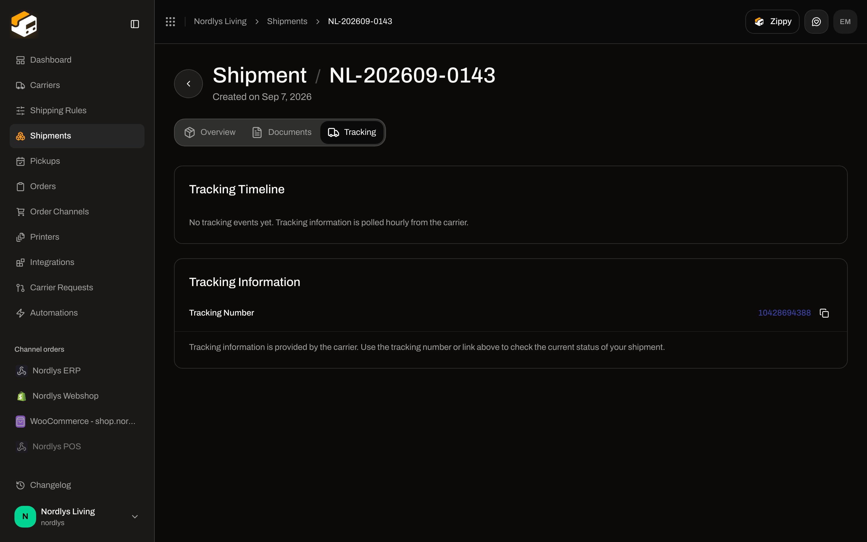 Tracking Timeline showing no tracking events yet, polled hourly from the carrier