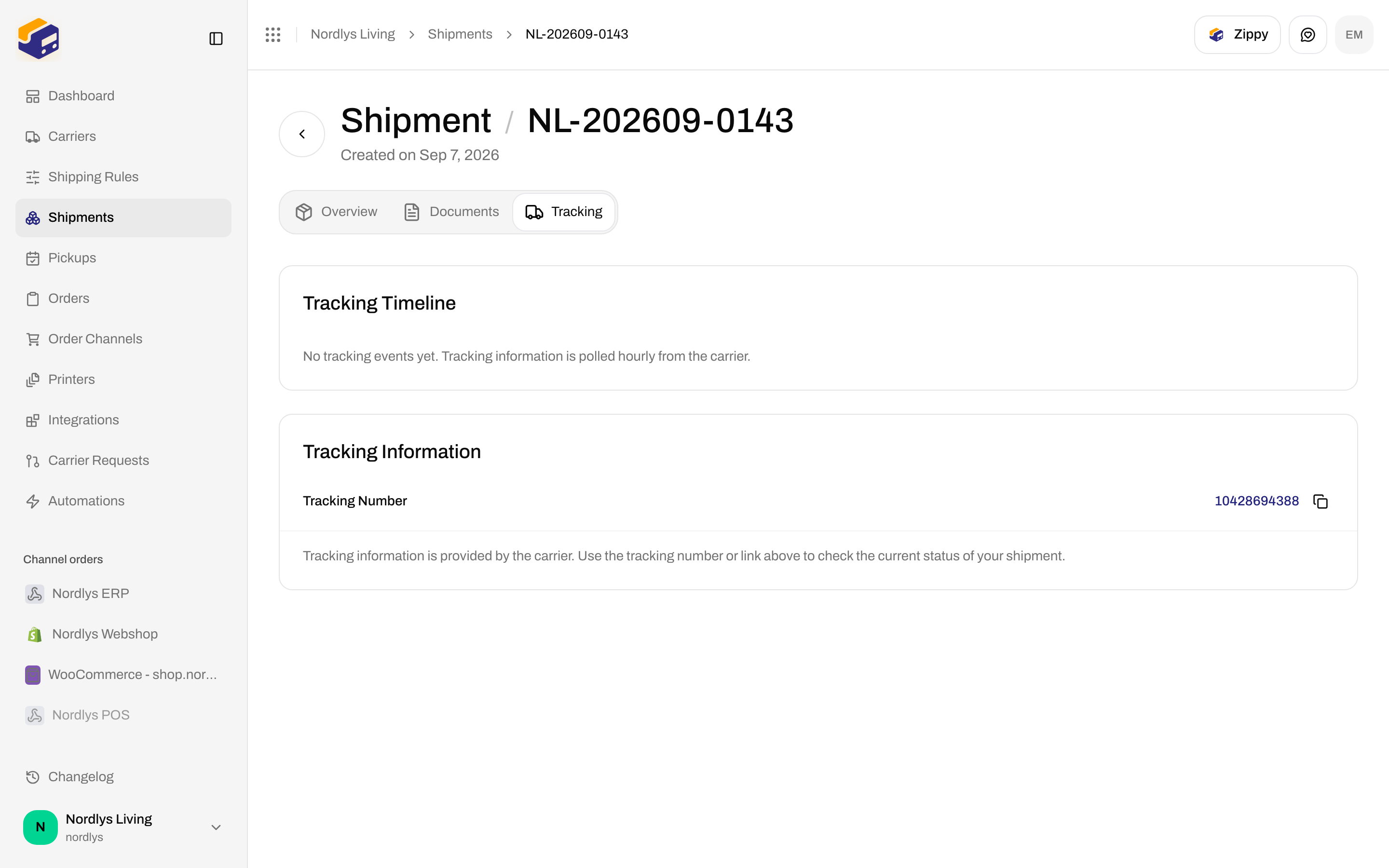 Tracking Timeline showing no tracking events yet, polled hourly from the carrier