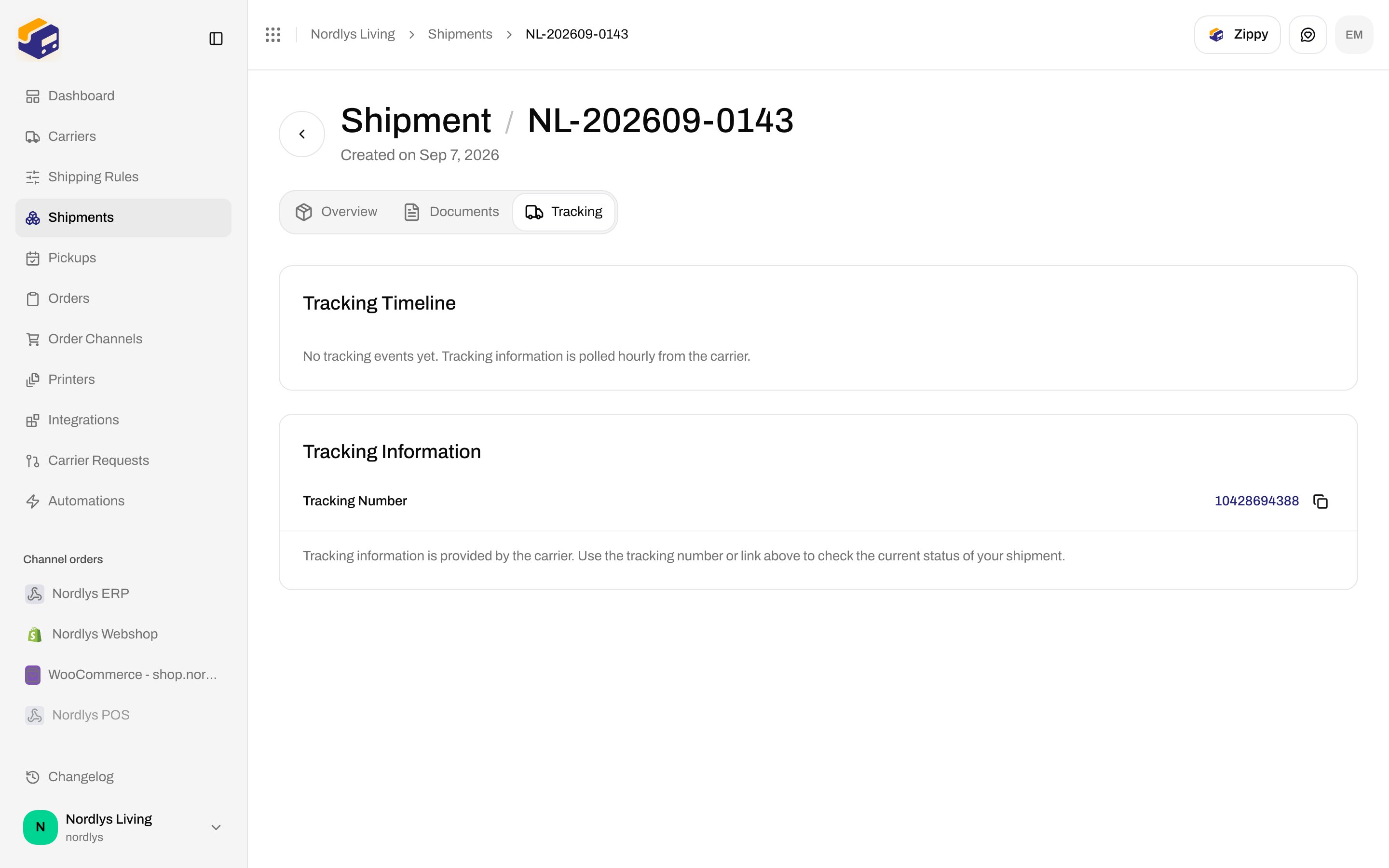 Tracking Timeline showing no tracking events yet, polled hourly from the carrier