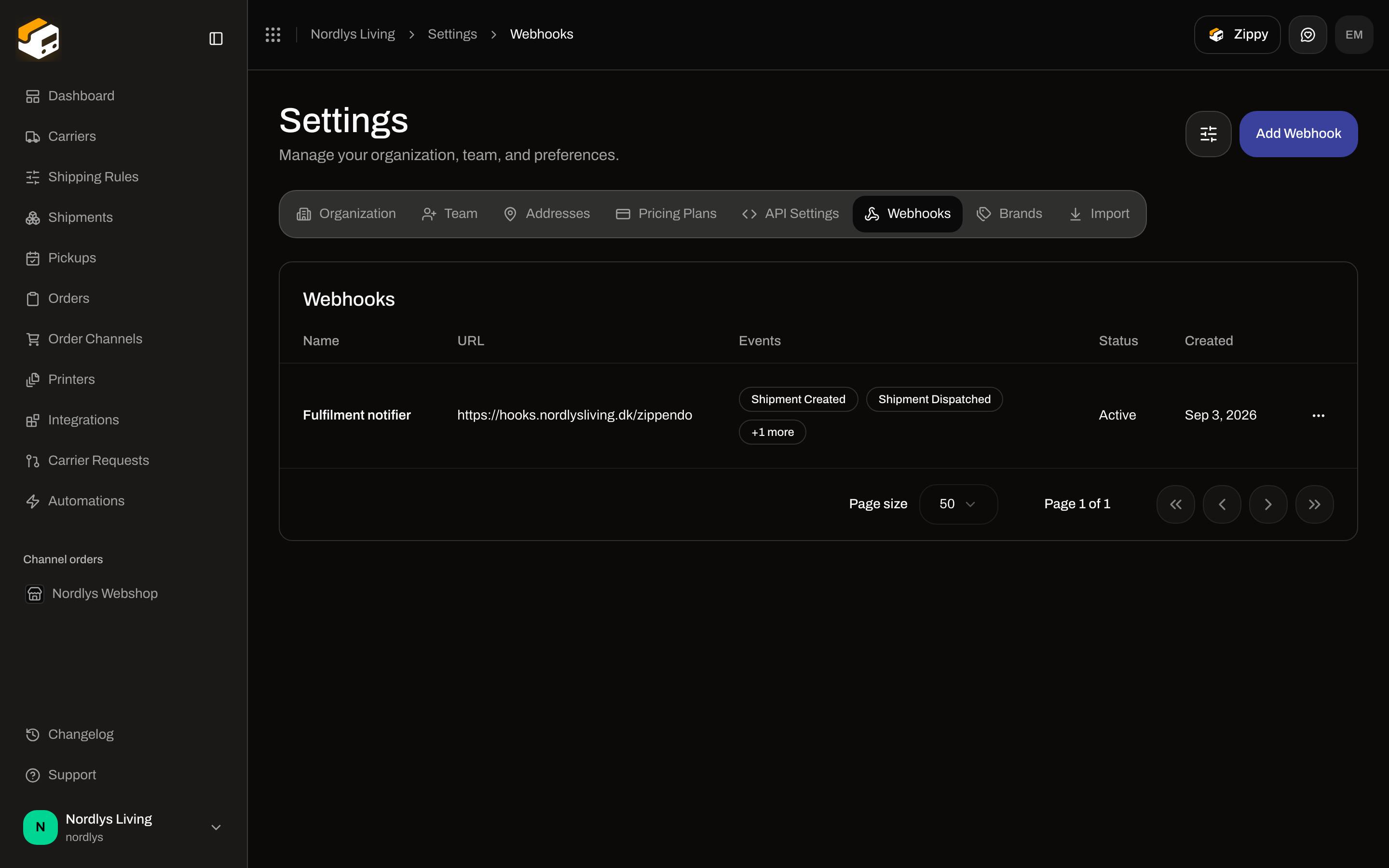 Settings Webhooks tab with a Fulfilment notifier endpoint and Add Webhook in the header