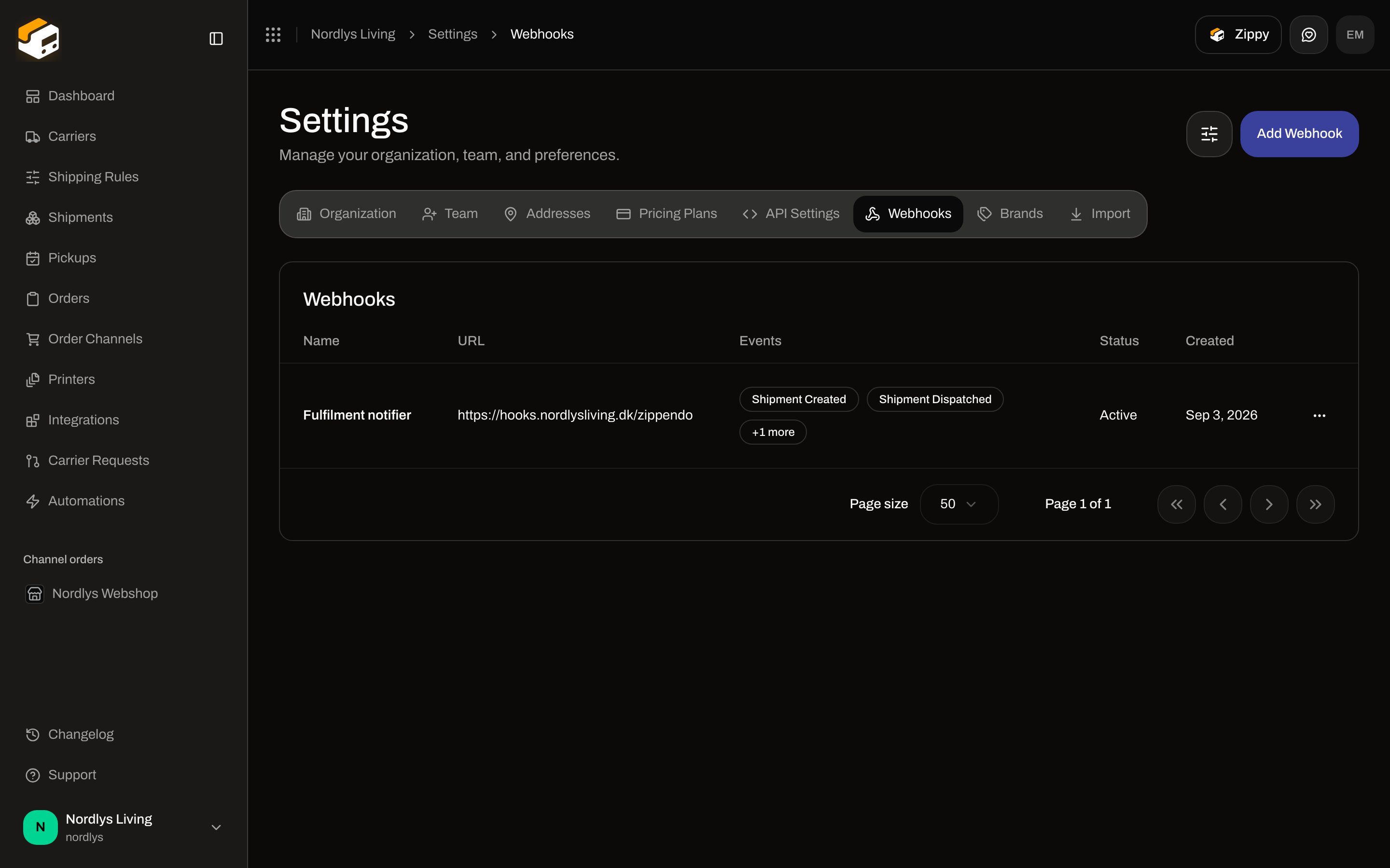 Settings Webhooks tab with a Fulfilment notifier endpoint and Add Webhook in the header