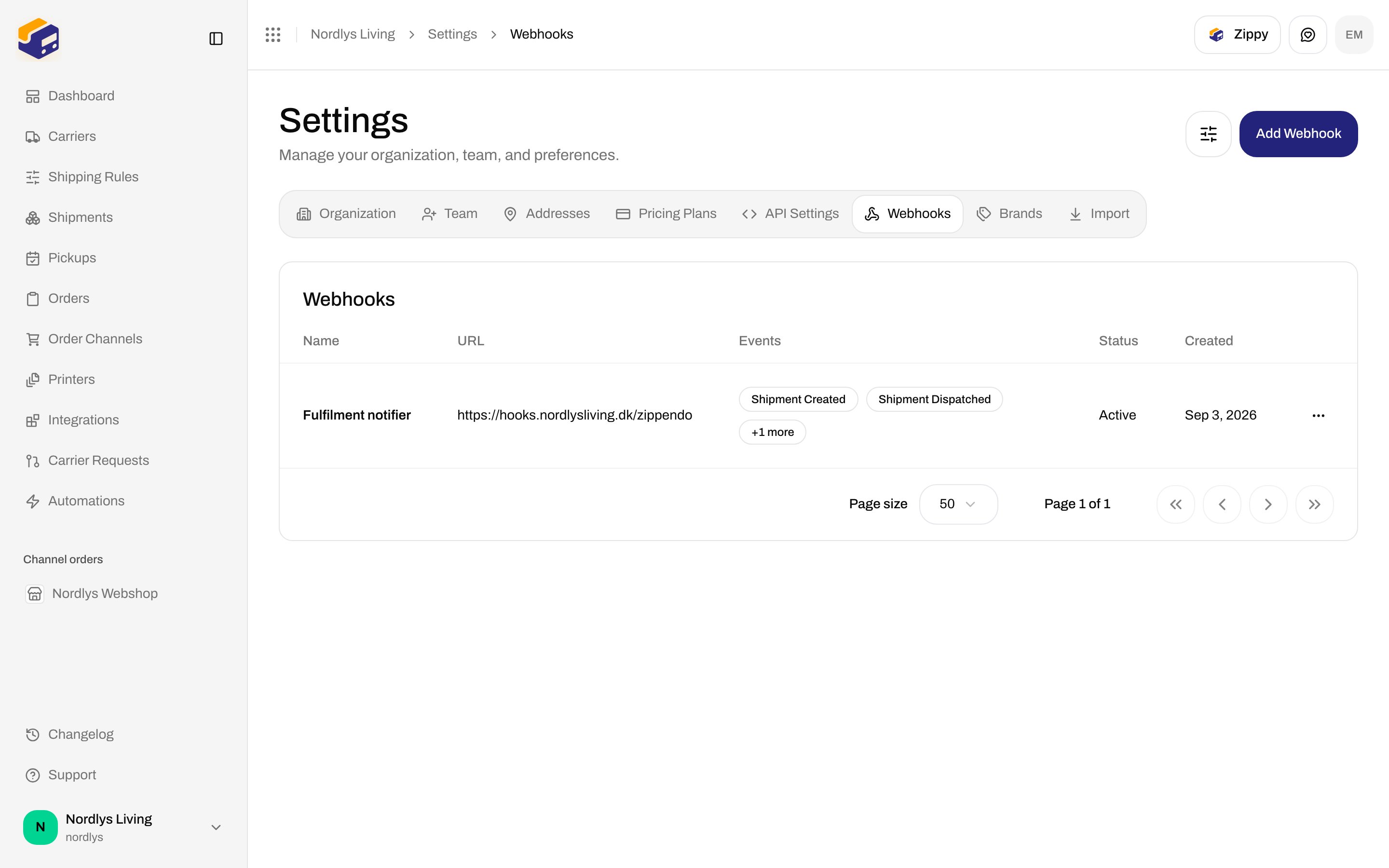 Settings Webhooks tab with a Fulfilment notifier endpoint and Add Webhook in the header