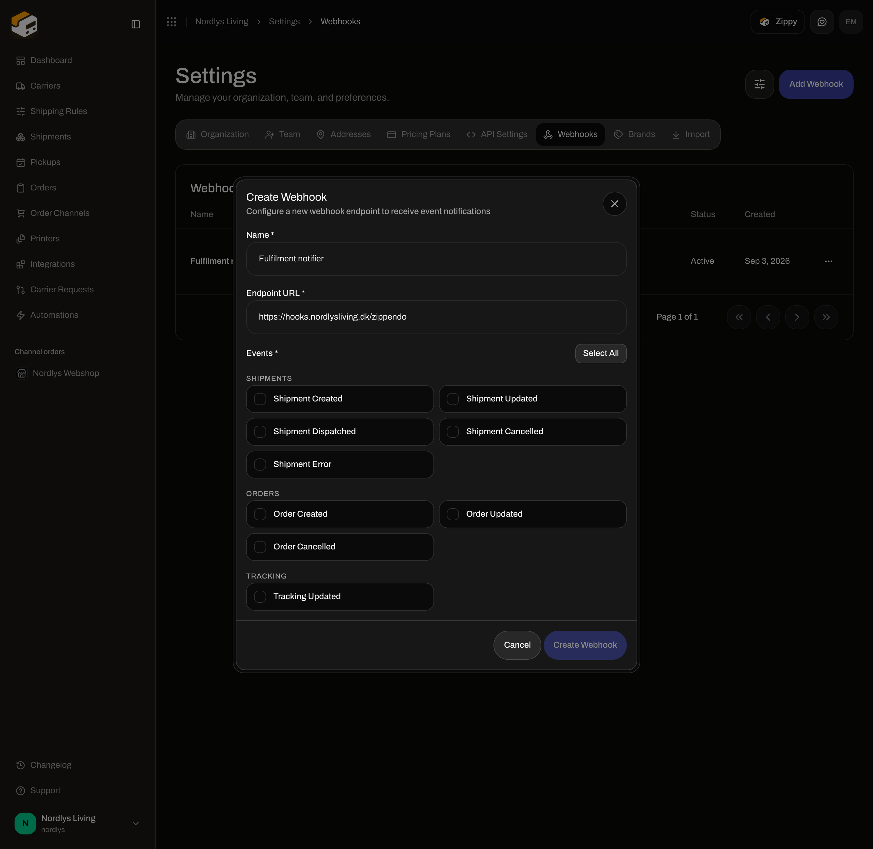 Create Webhook dialog with Name, Endpoint URL, Select All, and Shipments event checkboxes