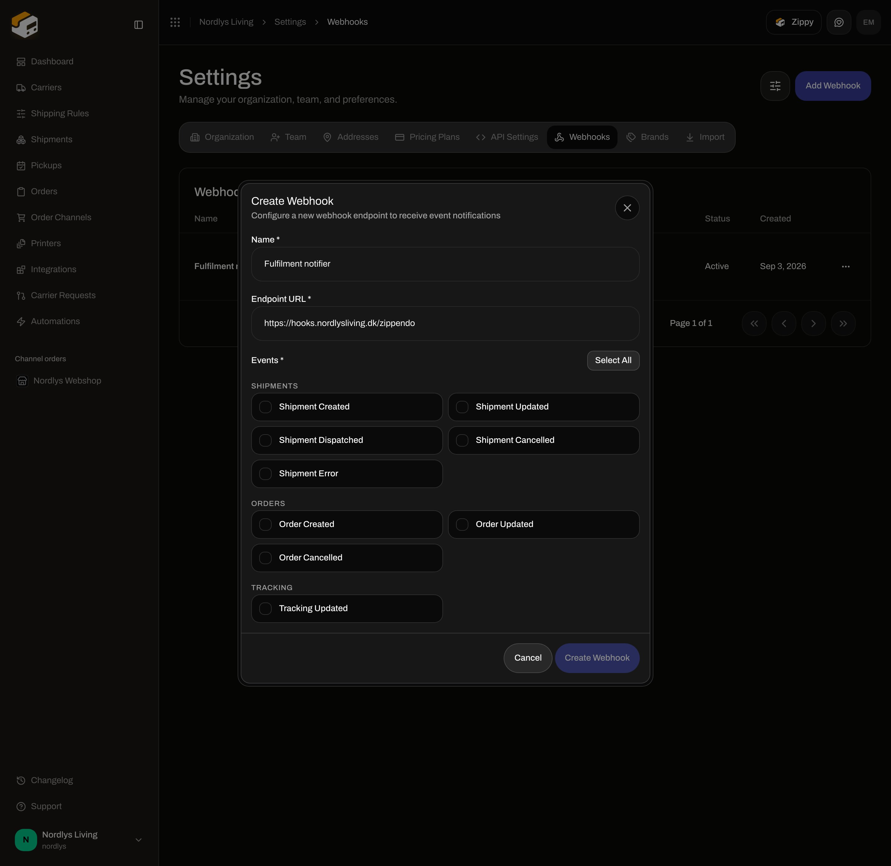 Create Webhook dialog with Name, Endpoint URL, Select All, and Shipments event checkboxes