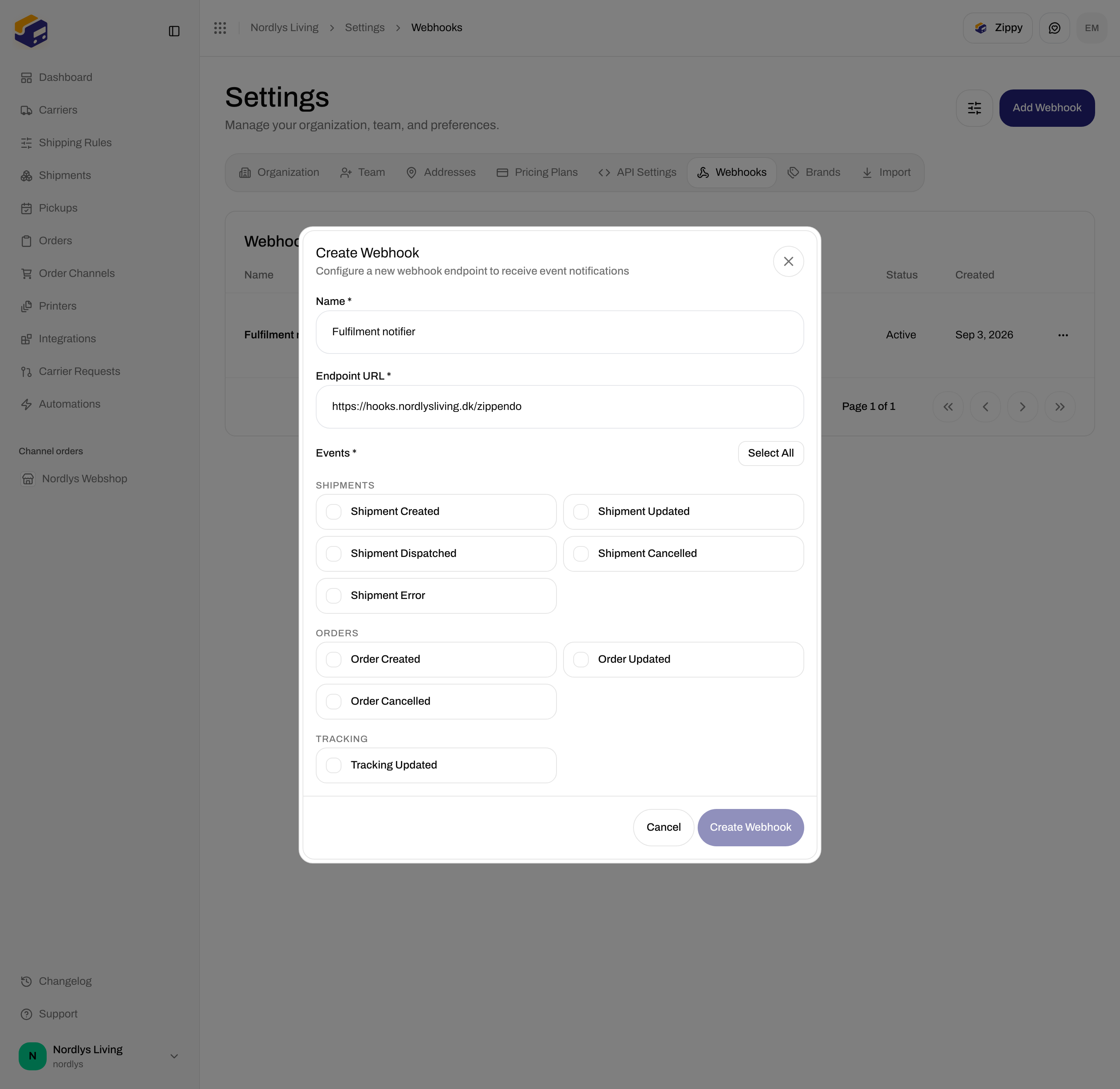 Create Webhook dialog with Name, Endpoint URL, Select All, and Shipments event checkboxes