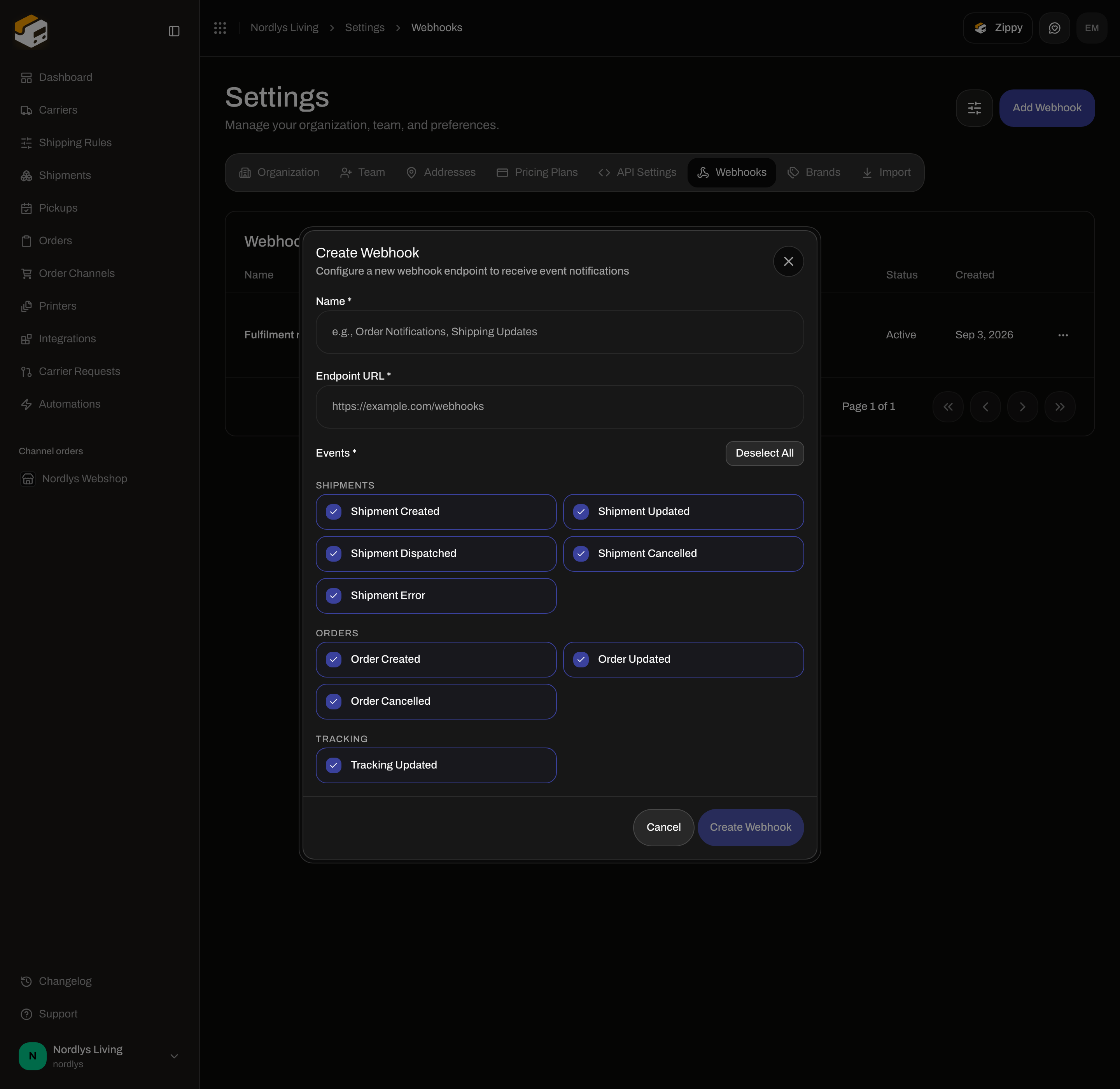 Create Webhook dialog with all nine event checkboxes selected, including Tracking Updated