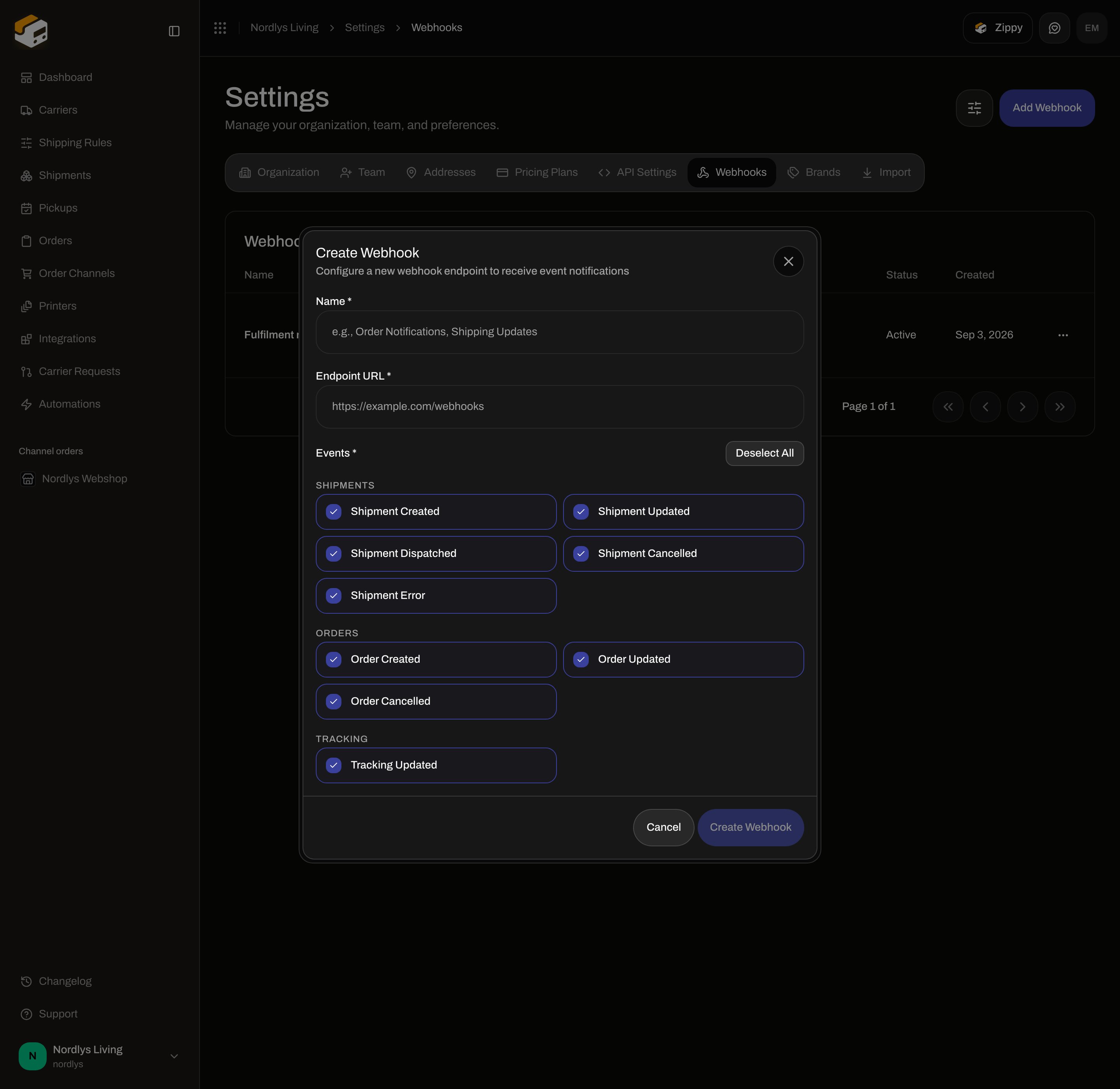 Create Webhook dialog with all nine event checkboxes selected, including Tracking Updated