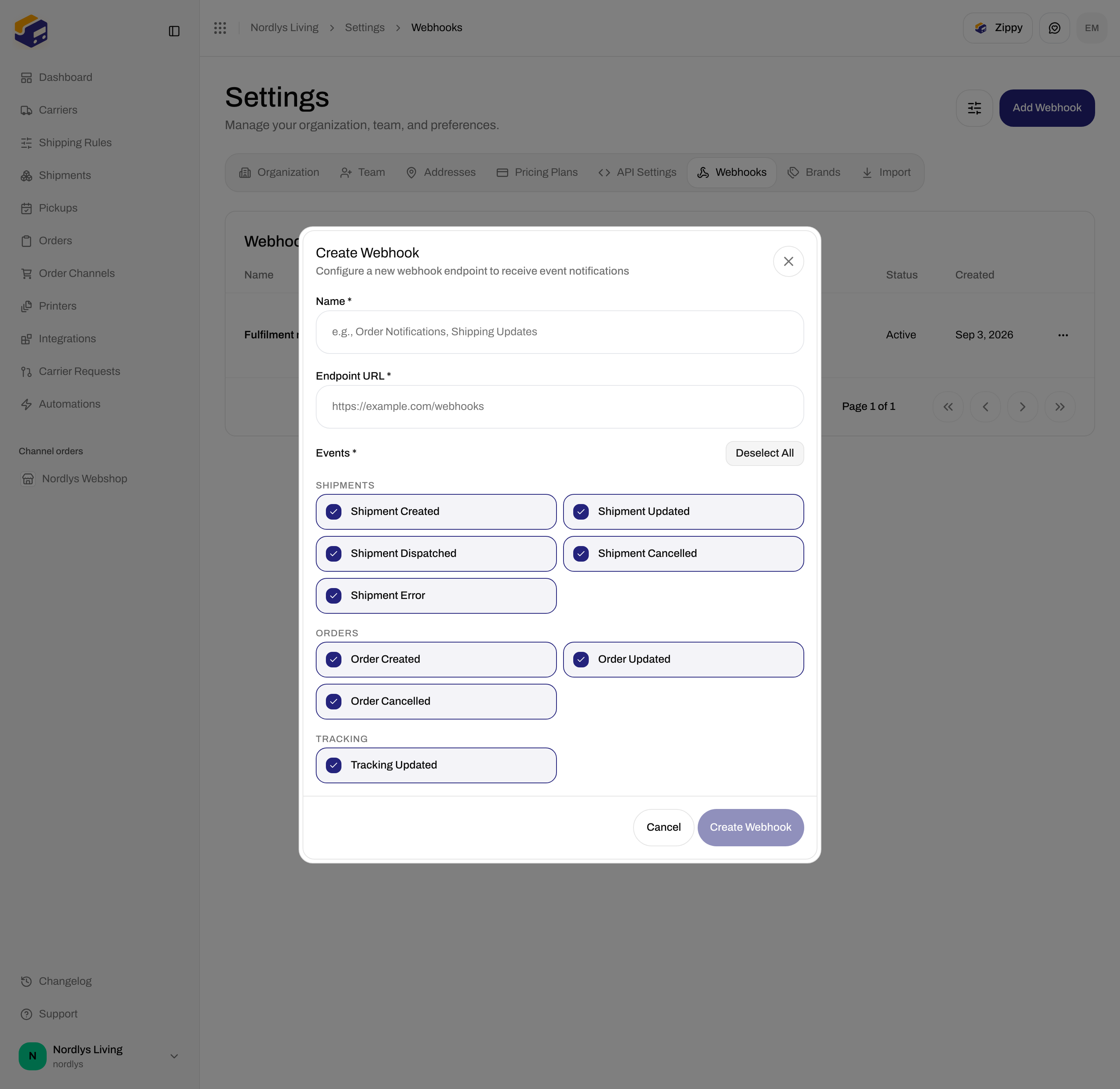 Create Webhook dialog with all nine event checkboxes selected, including Tracking Updated