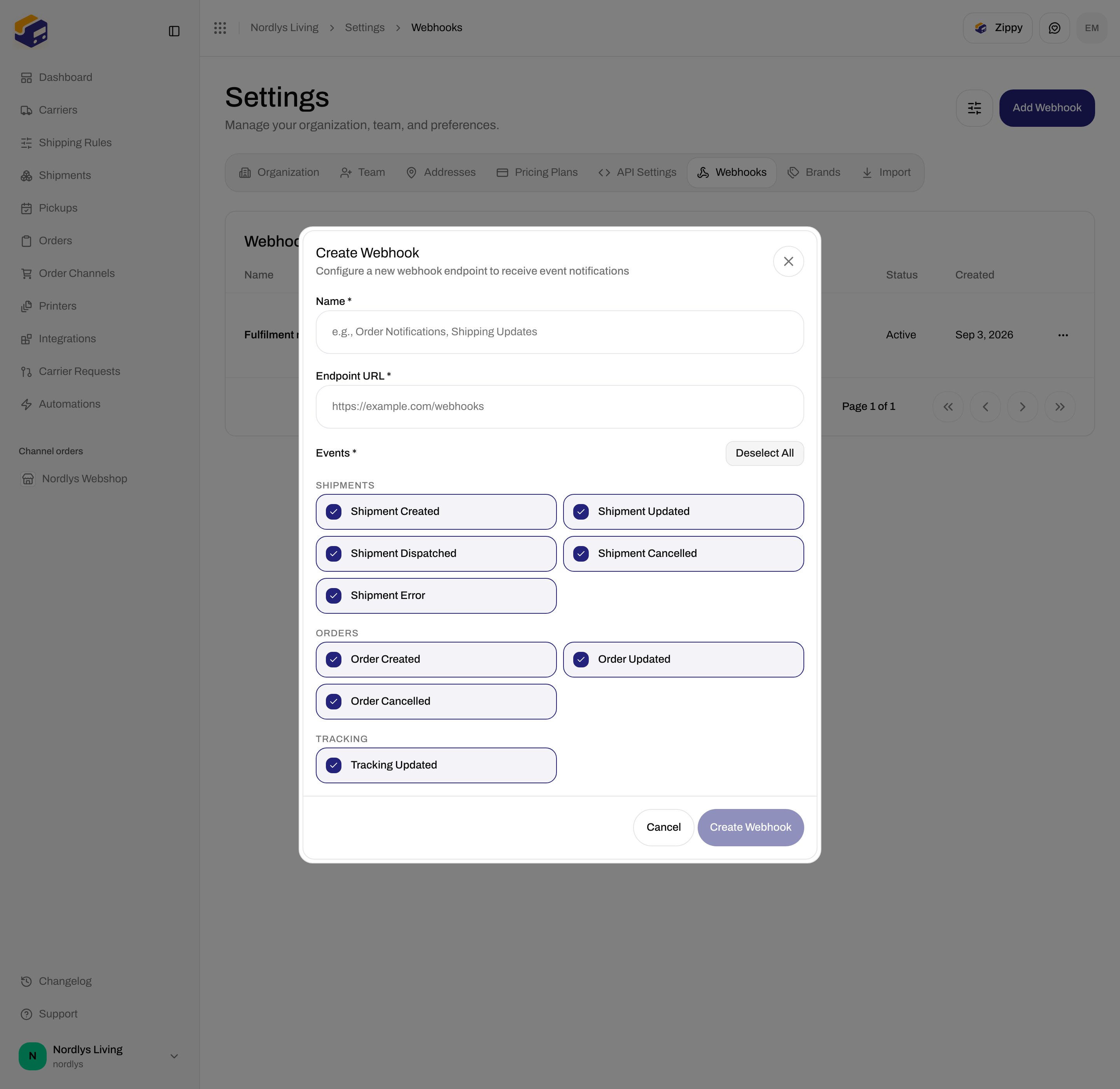 Create Webhook dialog with all nine event checkboxes selected, including Tracking Updated