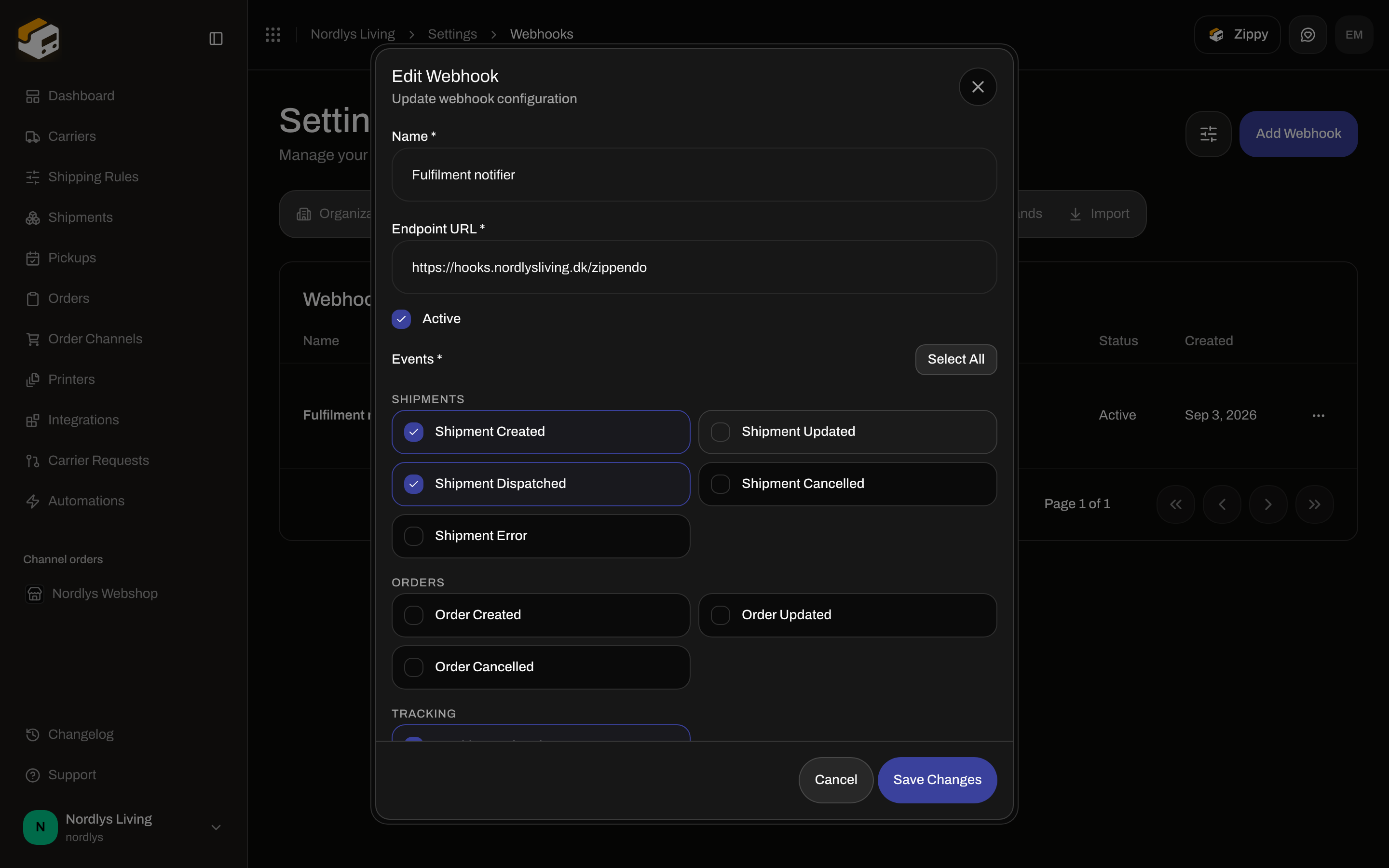 Edit Webhook dialog with Name, Endpoint URL, Active checkbox, and event groups