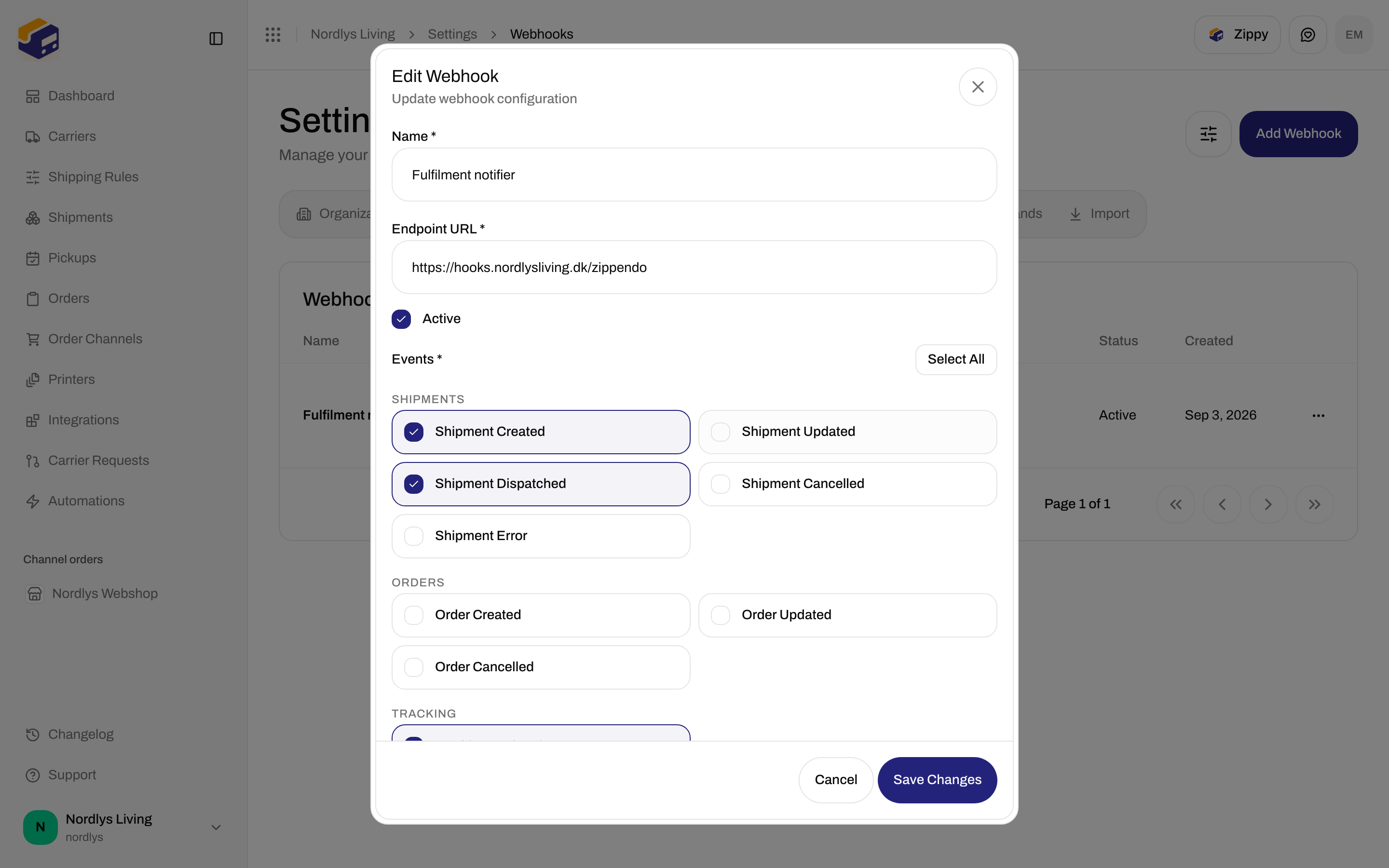 Edit Webhook dialog with Name, Endpoint URL, Active checkbox, and event groups