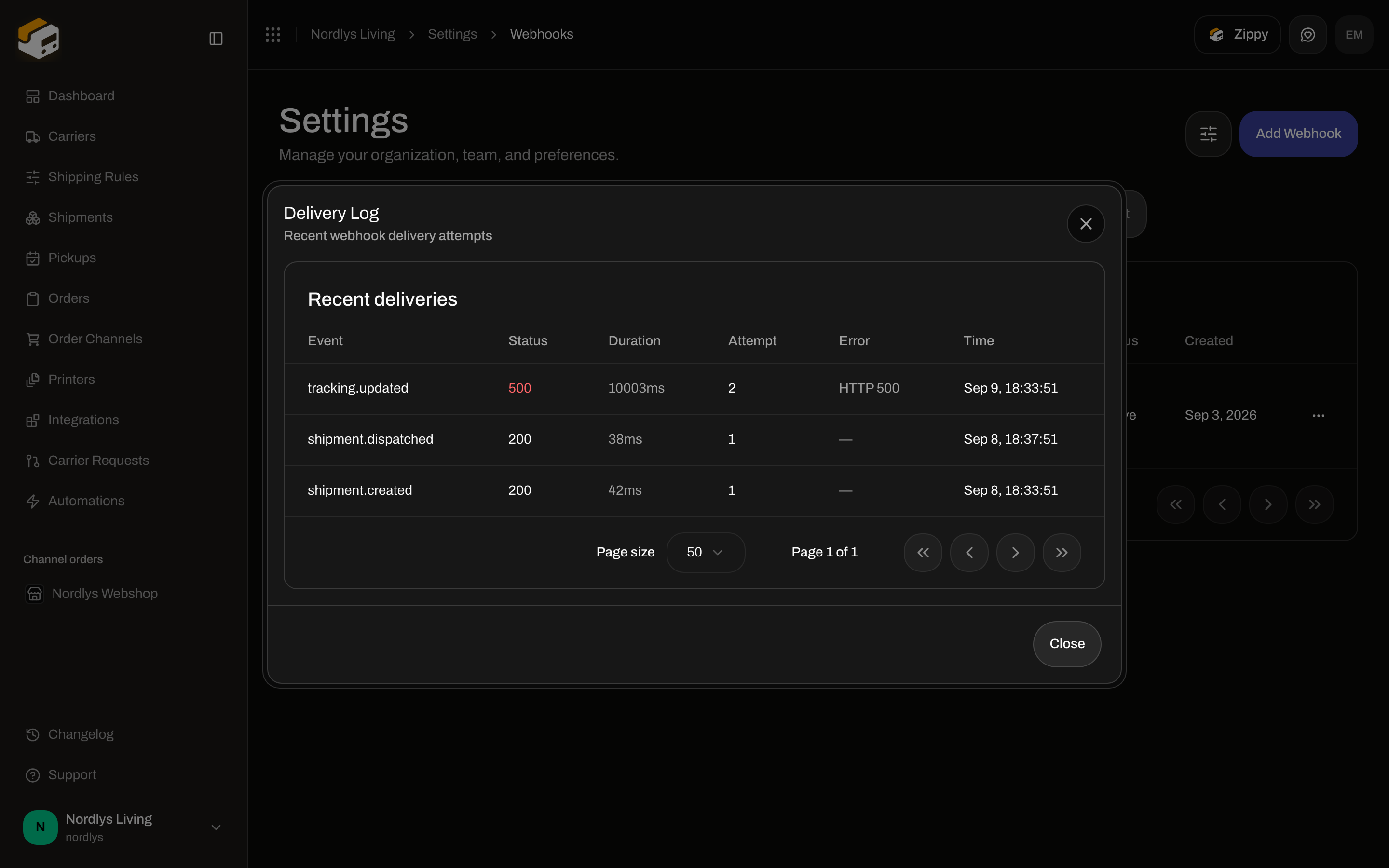 Delivery Log table with event names, HTTP status, duration, attempt, and time