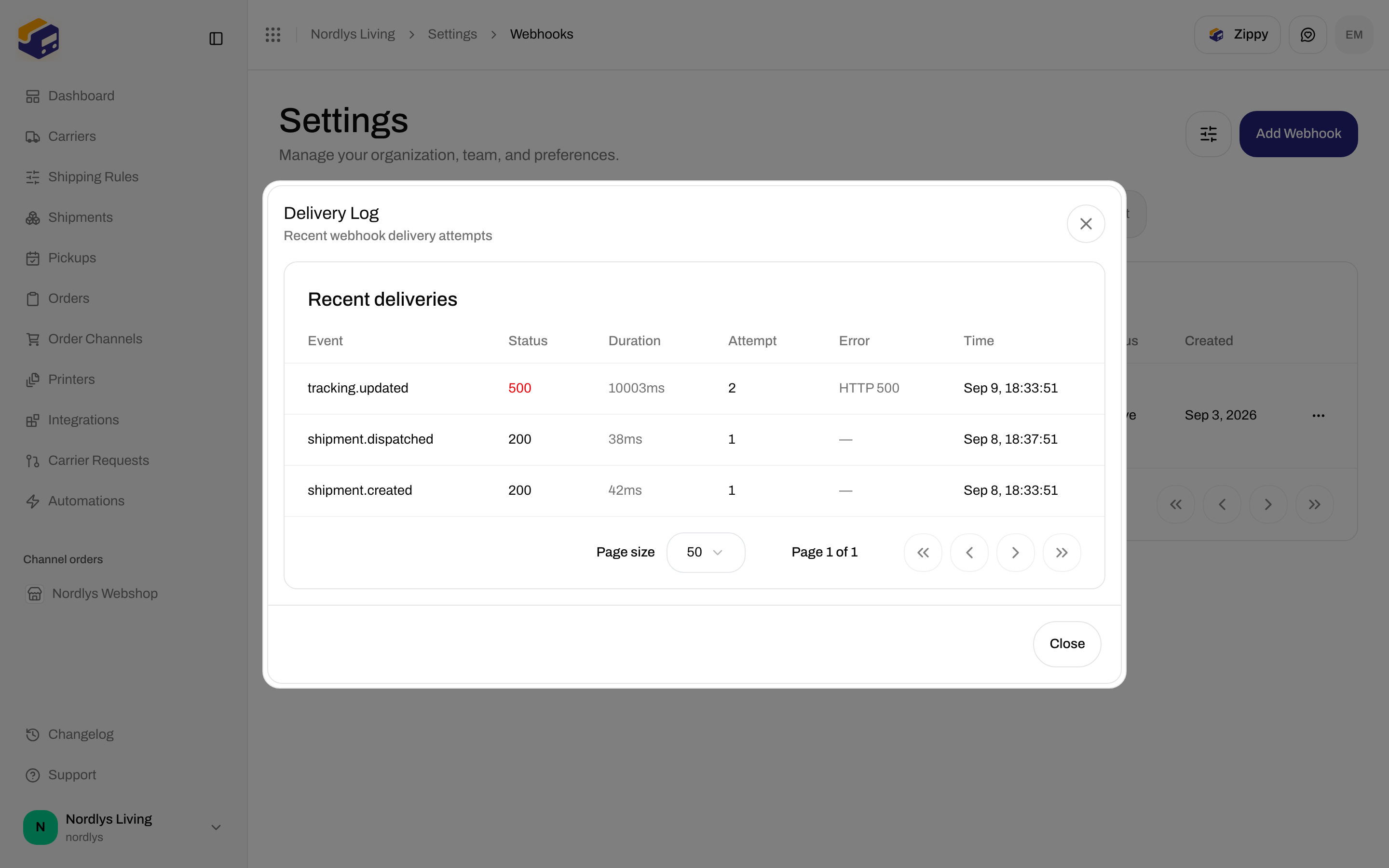 Delivery Log table with event names, HTTP status, duration, attempt, and time