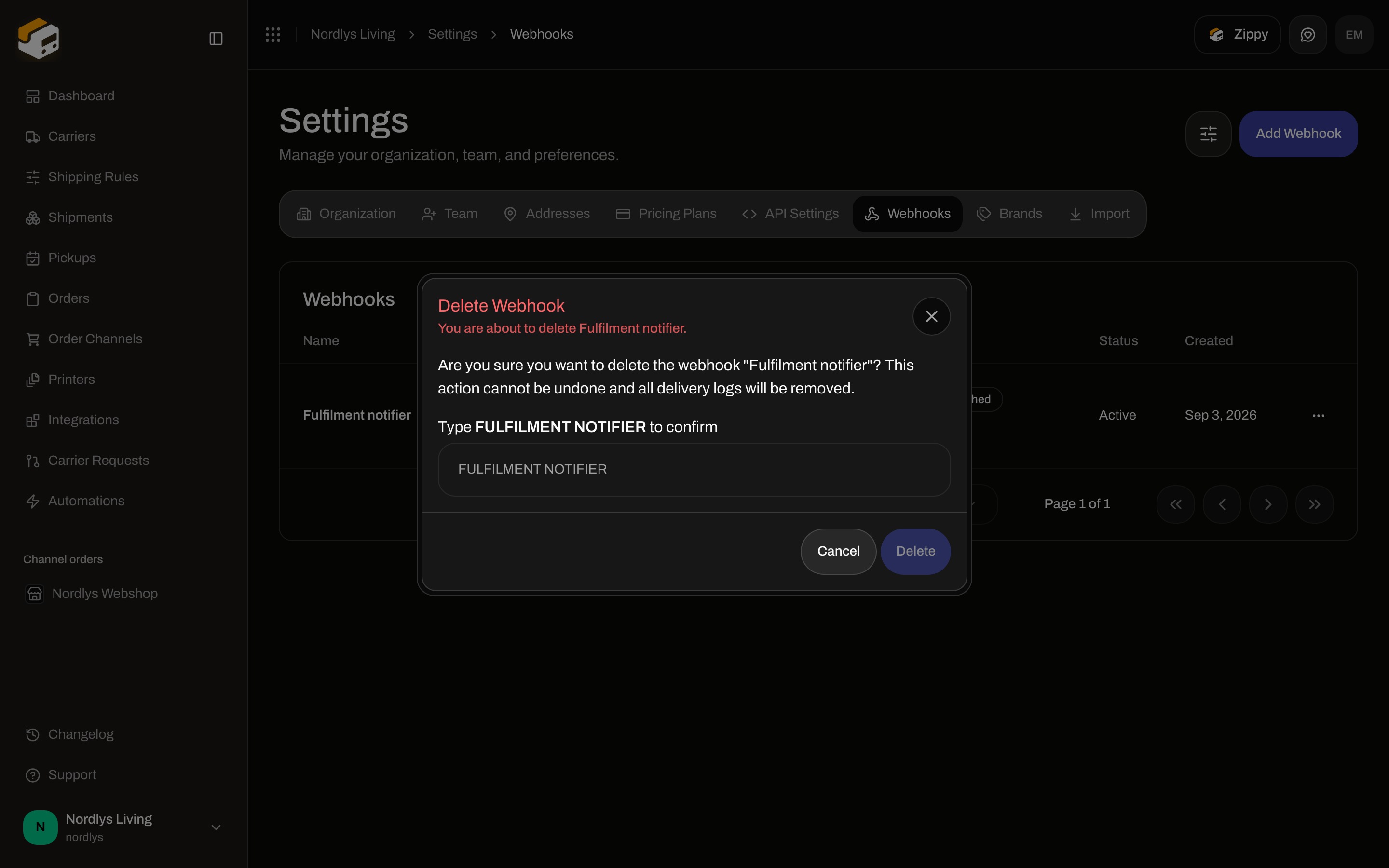 Delete Webhook confirmation with a type-to-confirm field